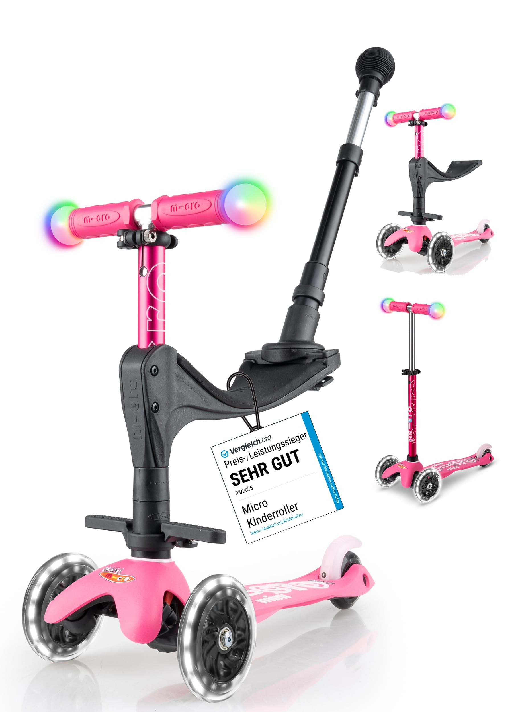 micro™ Mini micro Deluxe Magic 3in1 | Höhenverstellbar & Mitwachsend | Das ORIGINAL | Kinderroller ab 1 Jahr | Inklusive LED Rollen, Griff & Sitz | Jungs & Mädchen 1-6 Jahre