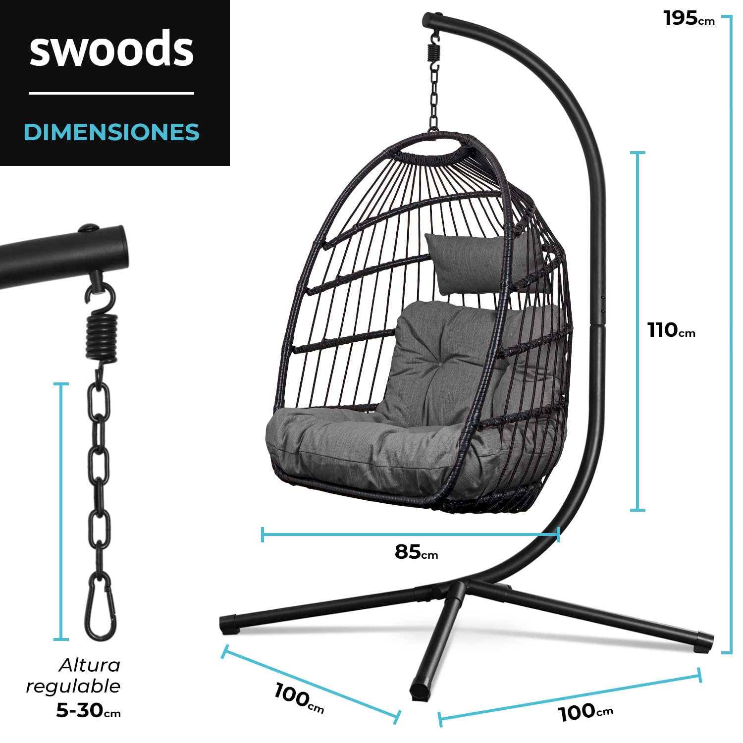 Swoods Silla Colgante de Huevo – Silla Colgante con Soporte – para Interior y Exterior – Incluye Cojines y Fundas – Silla de Huevo – Cocoon – Silla de Huevo – hasta 150 kg