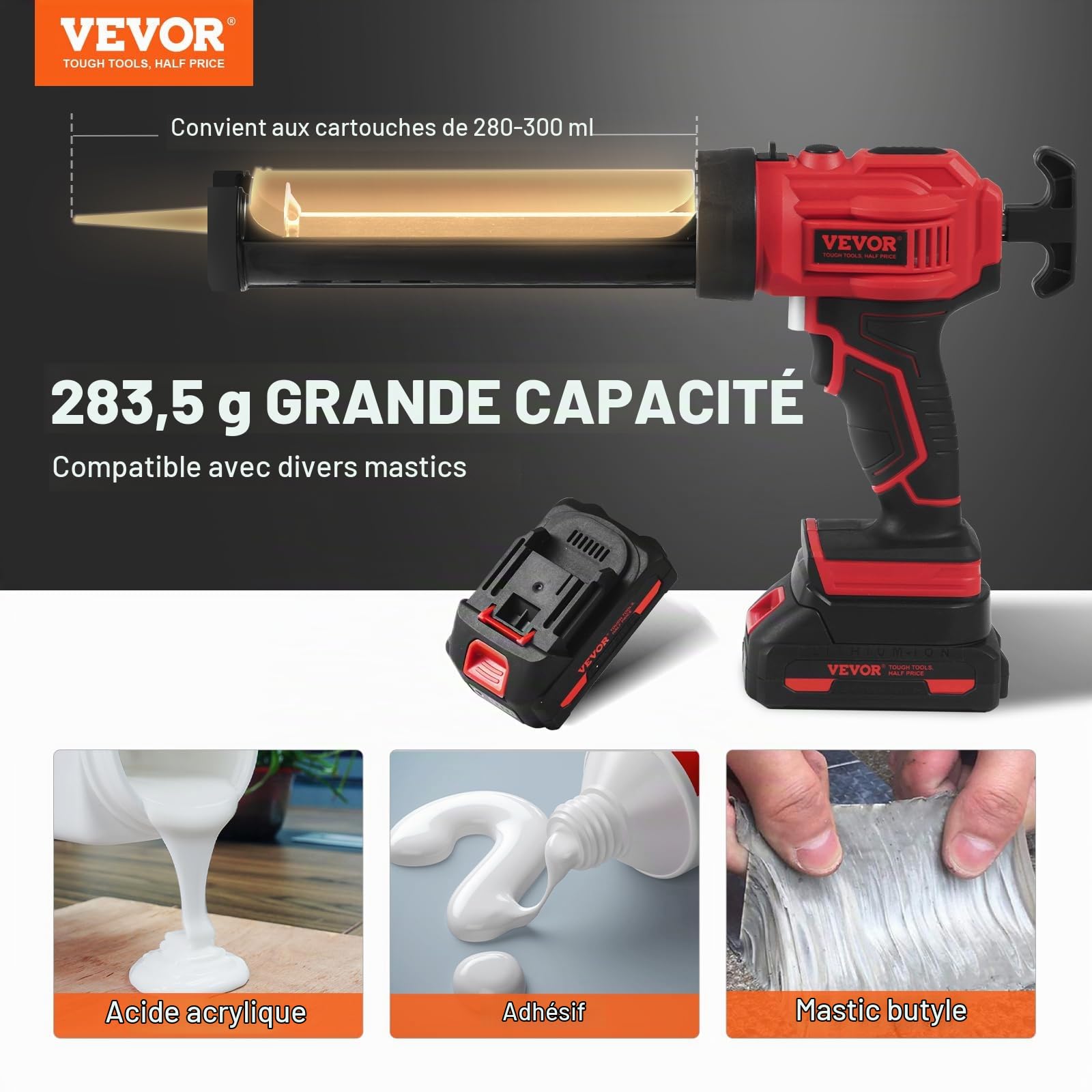 VEVOR Pistolet à Cartouche Électrique sans Fil 300 mL Pistolet à Mastic 20 V Pistolet à Calfeutrer à Batterie 2,0 Ah 4 Vitesses Réglables Anti-goutte Chargeur Rapide pour Calfeutrer, Remplir, Sceller