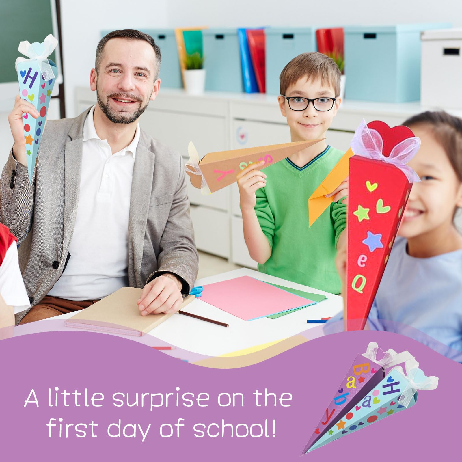 Pack de 32 Petits cônes d'école, Sacs Cadeaux décoratifs, Cornets de Sucre pour travaux manuels