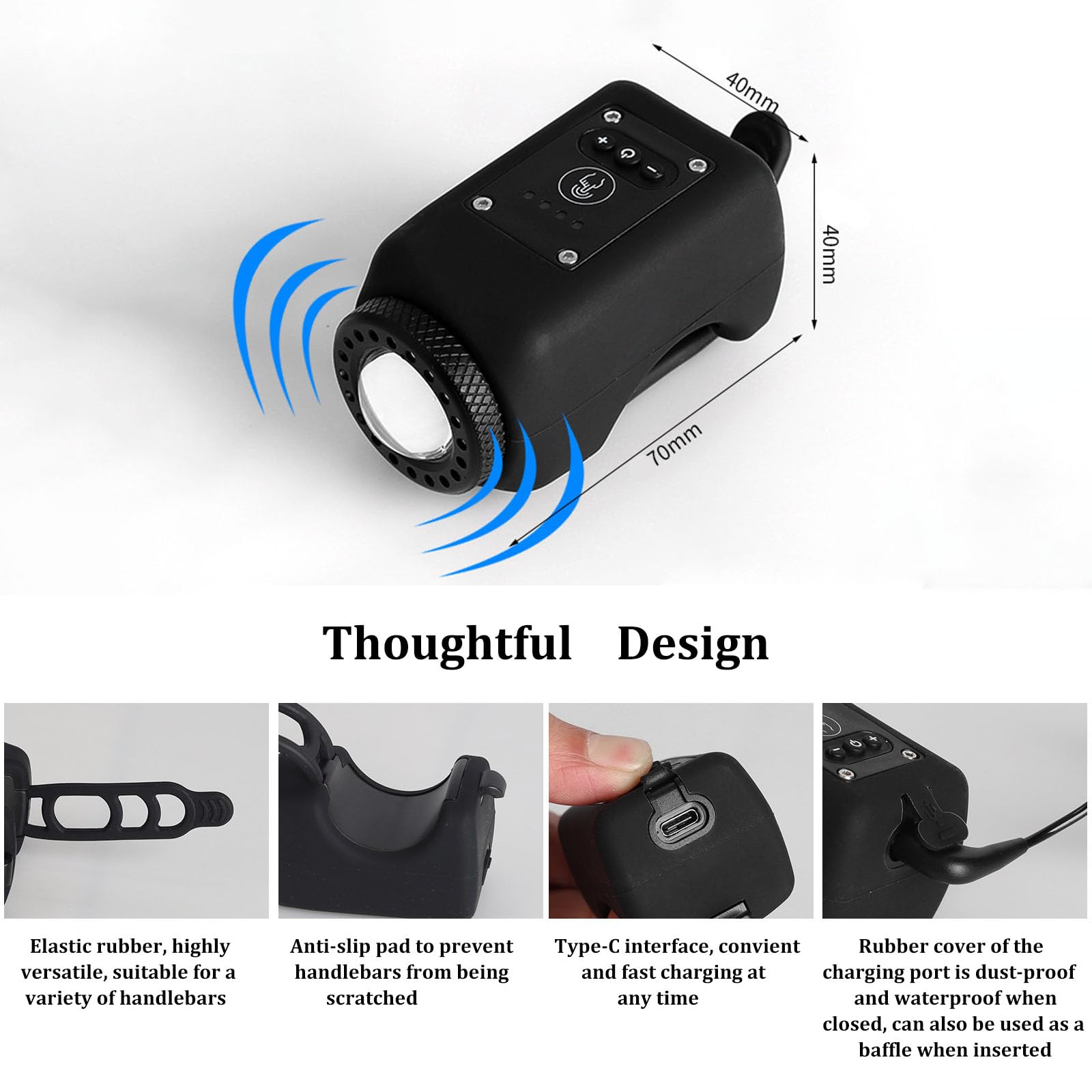 Klaxon de Vélo Électronique avec Lumière, Mini Sonnette 6 Sons, Phare Rechargeable USB-C, Volume Réglable, 4 Modes d'Éclairage, Résistant à l'Eau