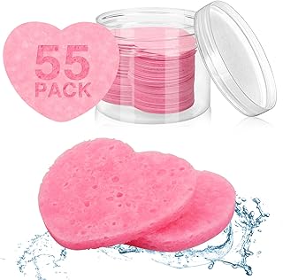 55 Pieces Compressed Facial Sponges for Estheticians, Pink Heart Face Sponges for Cleansing and Exfoliating Natural Reusab...