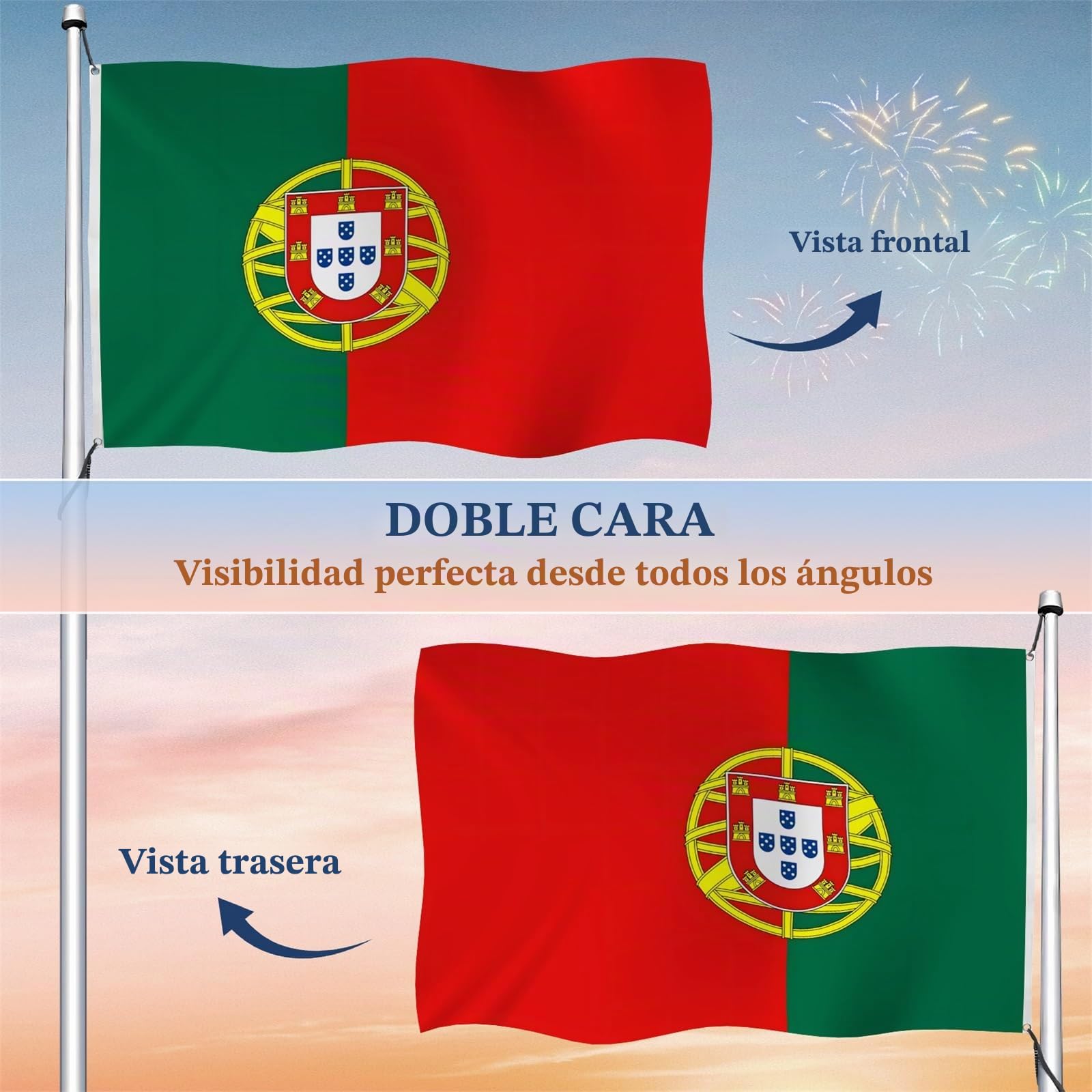 Aoihrraan Bandera Portuguesa 150x250cm Doble Cara Bandera Portuguesa Celebración Al Aire Libre Pancarta Jardín Familiar Porche Fiesta Bandera Decorada Con 2 Anillos Fuertes