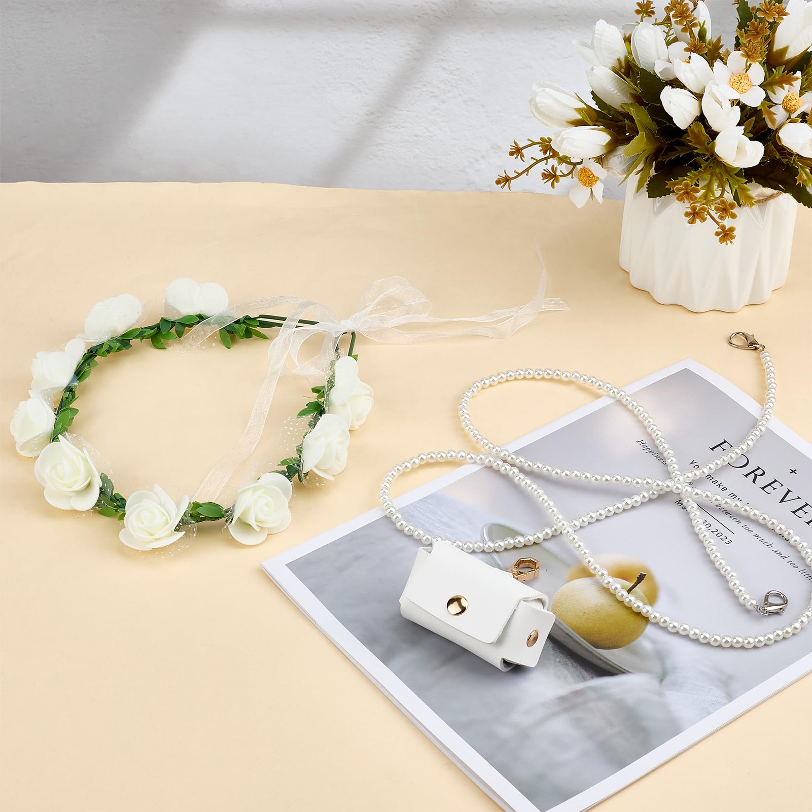 NICENEEDED Lot de 3 colliers pour mariage, chien, ensemble de fleurs, perles de laisse pour chiens avec perles porte-alliances, nœud papillon réglable pour le cou du chien
