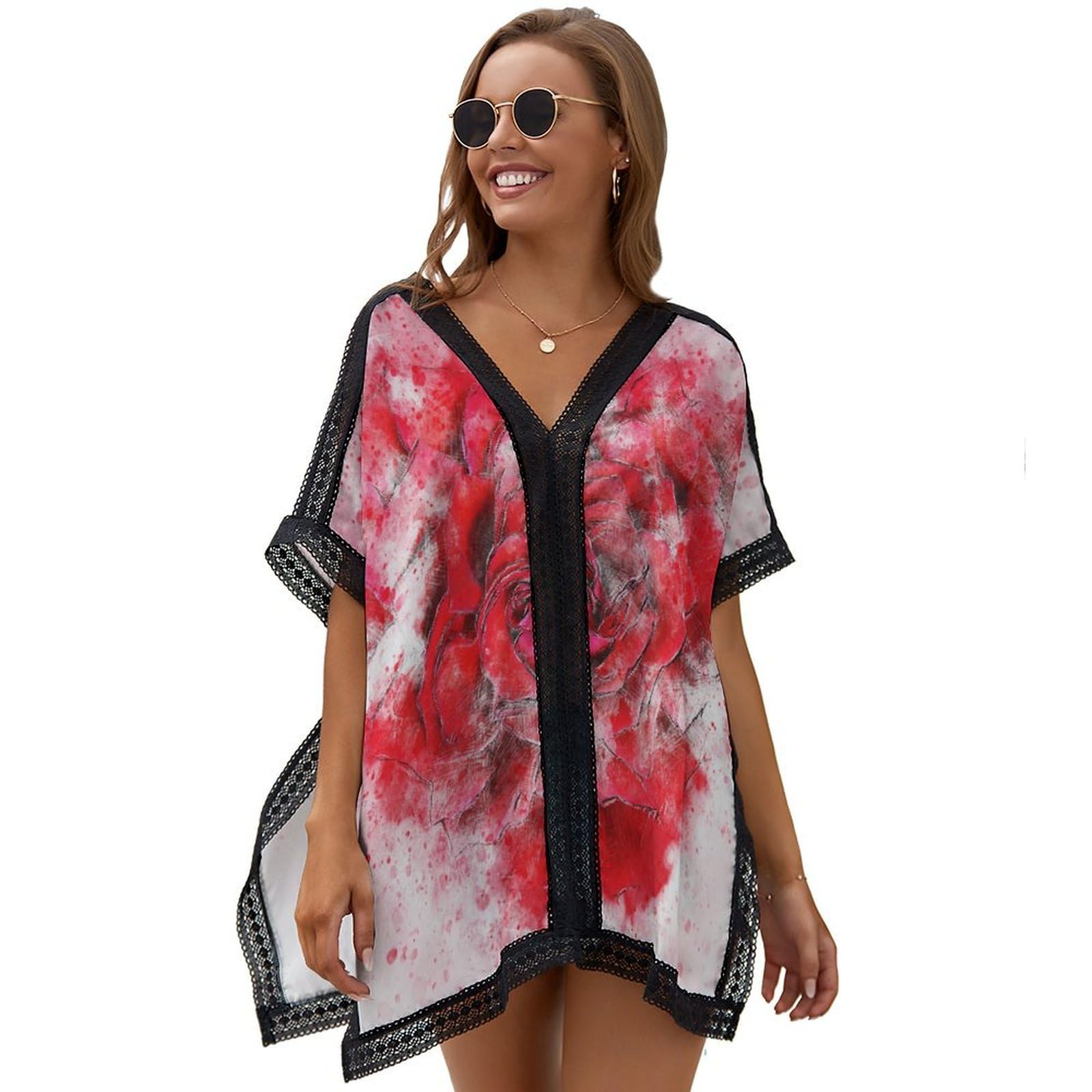 Painted Rose Beach Cover Ups for Women Swimsuit Coverup Bathing Suit Bikini Coverups with Lace Edge