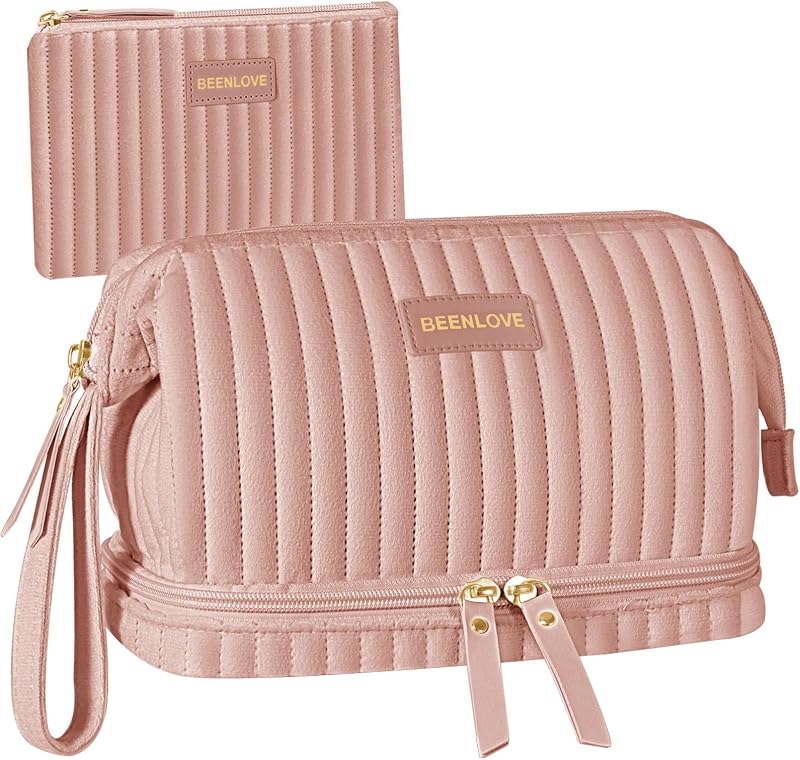 Necessaire de maquiagem BEENLOVE de veludo holandês com 2 unidades, dois compartimentos, rosa