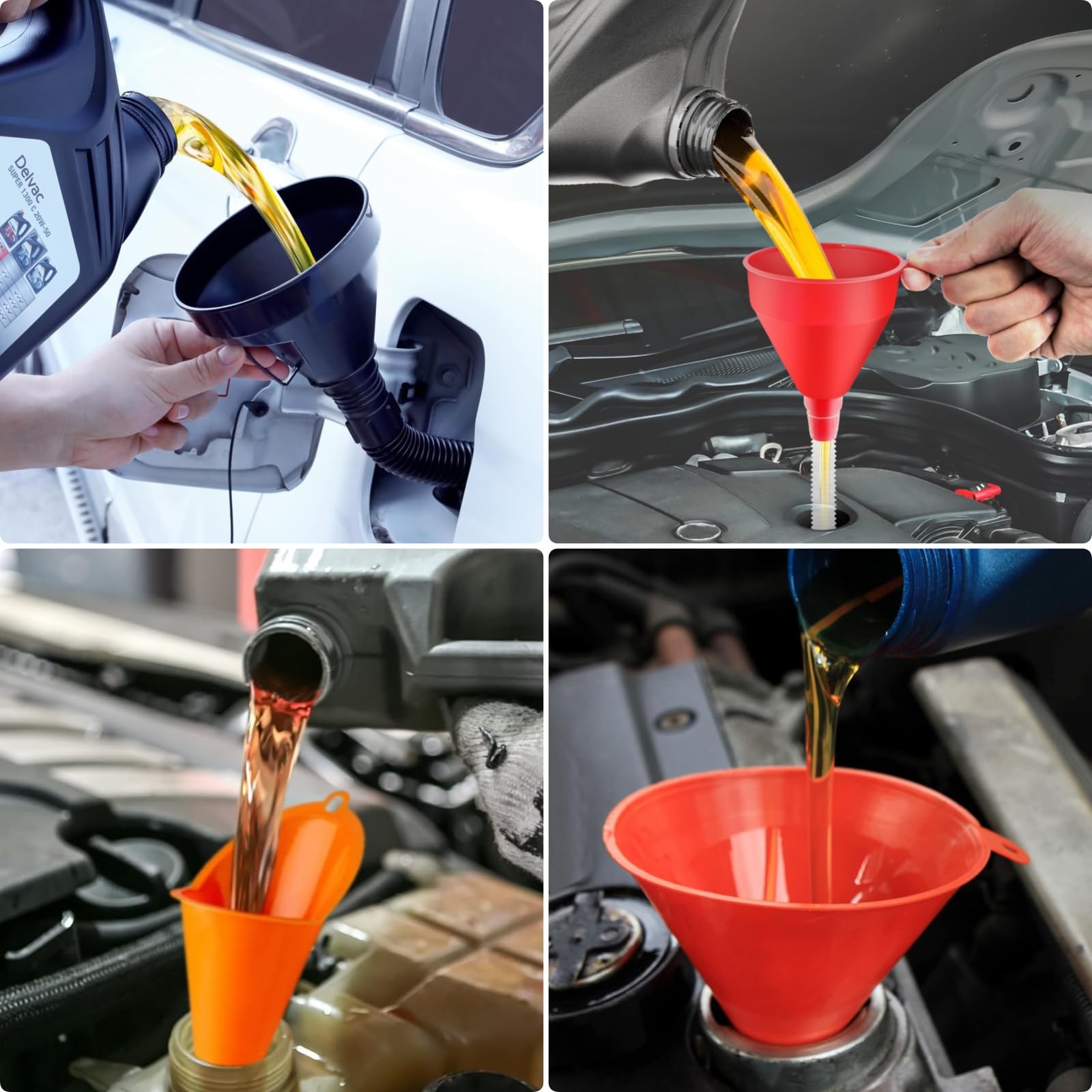 Set di 10 imbuti per auto, a bocca larga, in plastica, per olio a collo lungo, flessibili ad angolo retto, con beccuccio e filtro rimovibili, set di imbuto in plastica per acqua, benzina, refrigerante