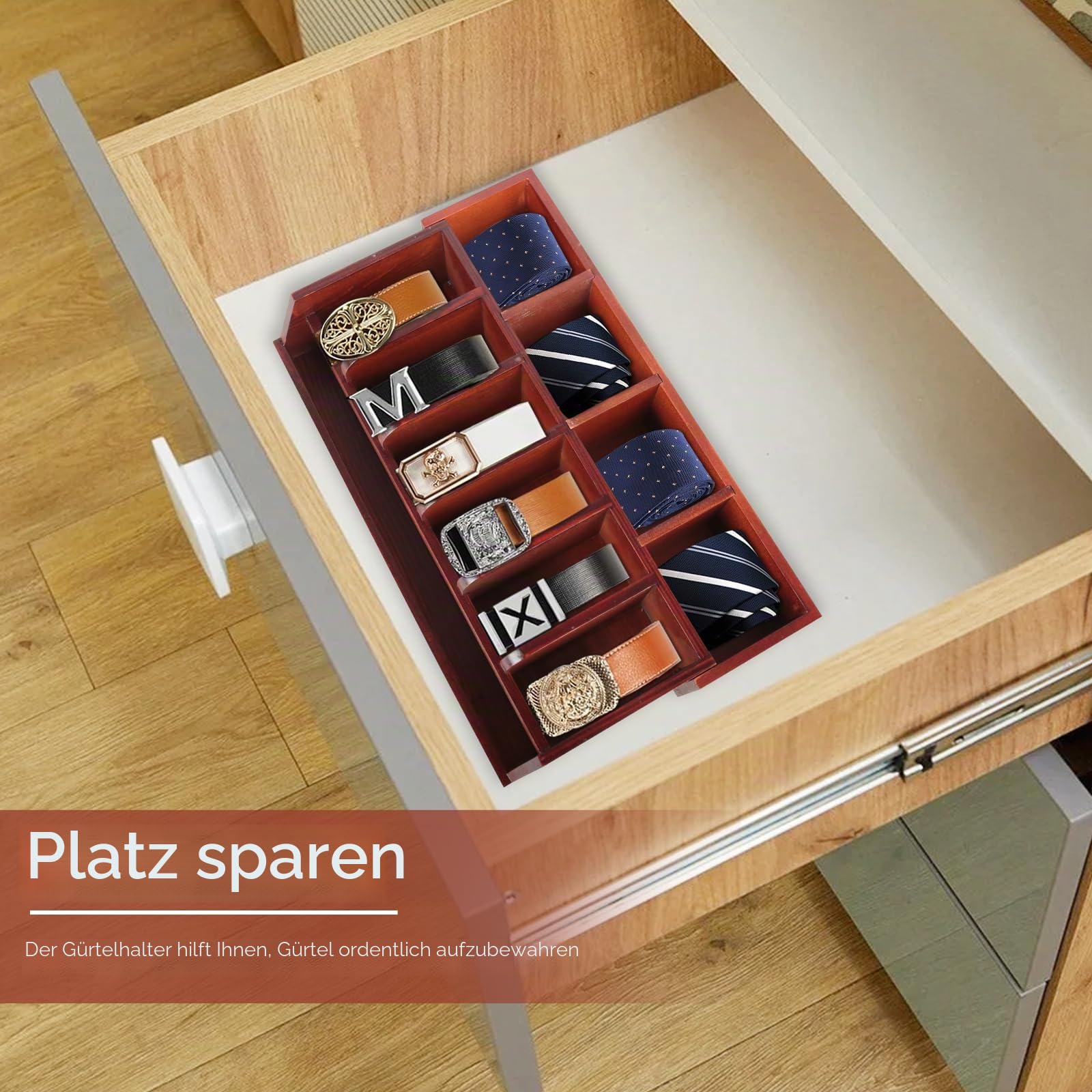 Gürtel Aufbewahrung, 10 Fächer Gürtelorganizer für Closet Drawer, Gürtel-Aufbewahrungsbox Ausstellungsständer für Männer Frauen, Braun