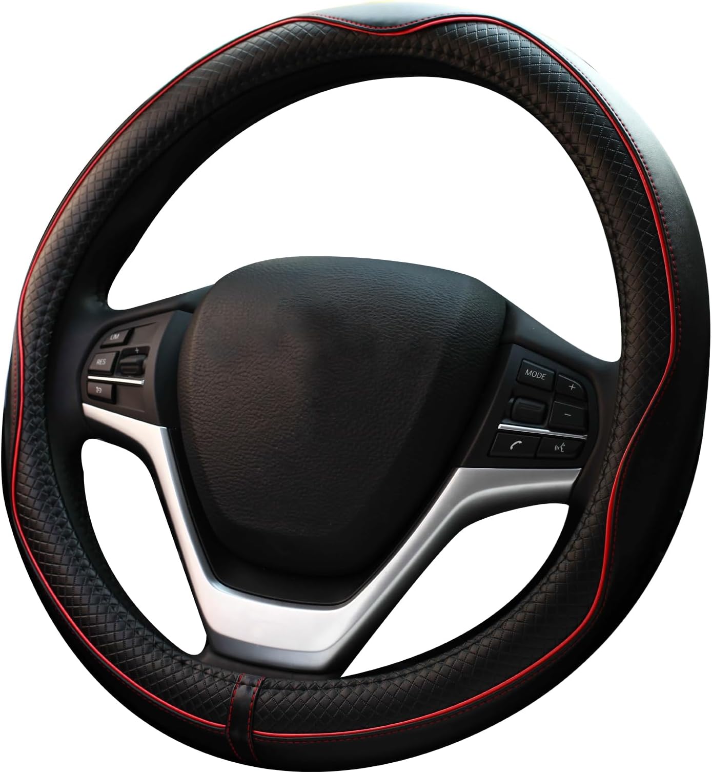 Rueesh Microfiber Leather Car Steering Wheel Cover, Soft Padding, Durable, No Smell, Universal 15 Inch Steering Cover, Anti-slip Embossing Pattern A, Black with Red Line