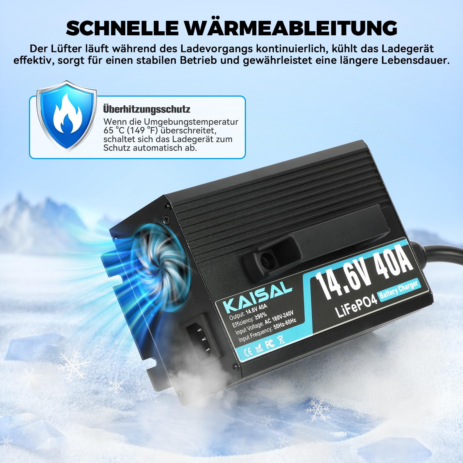 KAISAL 14.6V 40A LiFePO4 Ladegerät, LiFePO4 Batterieladegerät für 12V/12.8V Lithium-Eisenphosphat-Batterien, 12V Lithium Ladegerät mit Anderson Stecker, für Wohnmobil, Boote, Solar Home Systeme