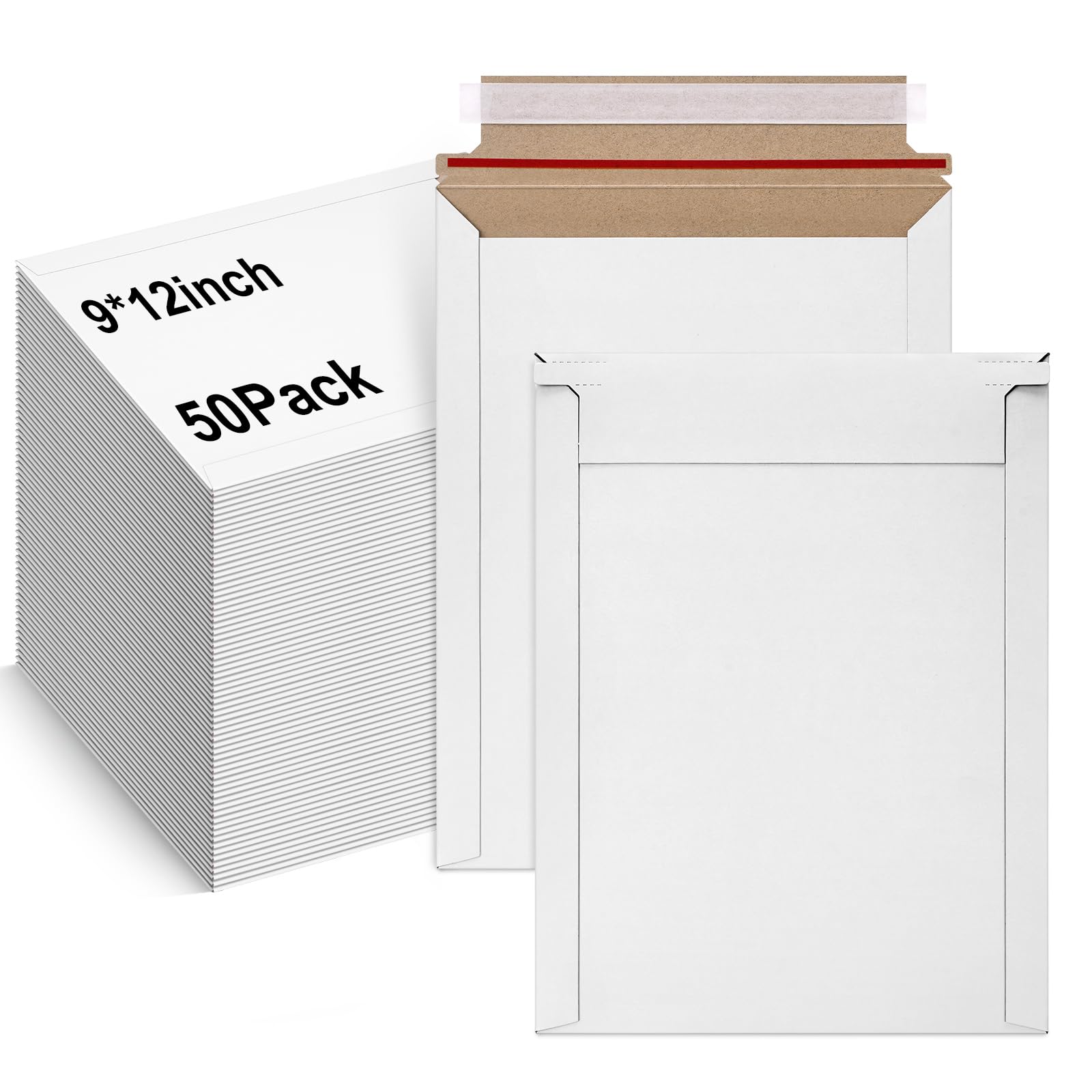 Lot de 50 enveloppes rigides blanches auto-adhésives pour cartes à collectionner - 22,9 x 30,5 cm - Enveloppes d'expédition en carton kraft semi-rigide et à chargement par le haut - Fournitures de