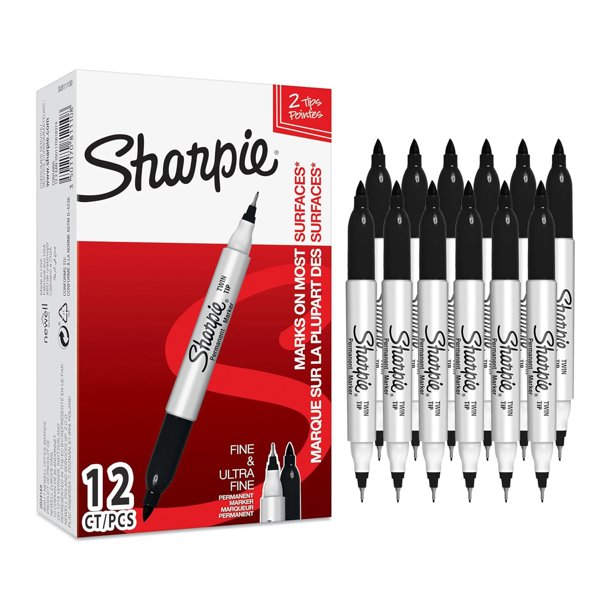 Marqueurs permanents double pointe Sharpie pour plastique et verre - 8