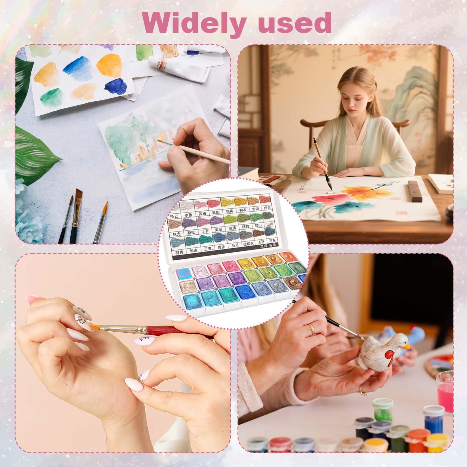 Peinture Aquarelle Nacrée 24 Couleurs, Ensemble Métallisé Paillettes Minérales pour Nail Art