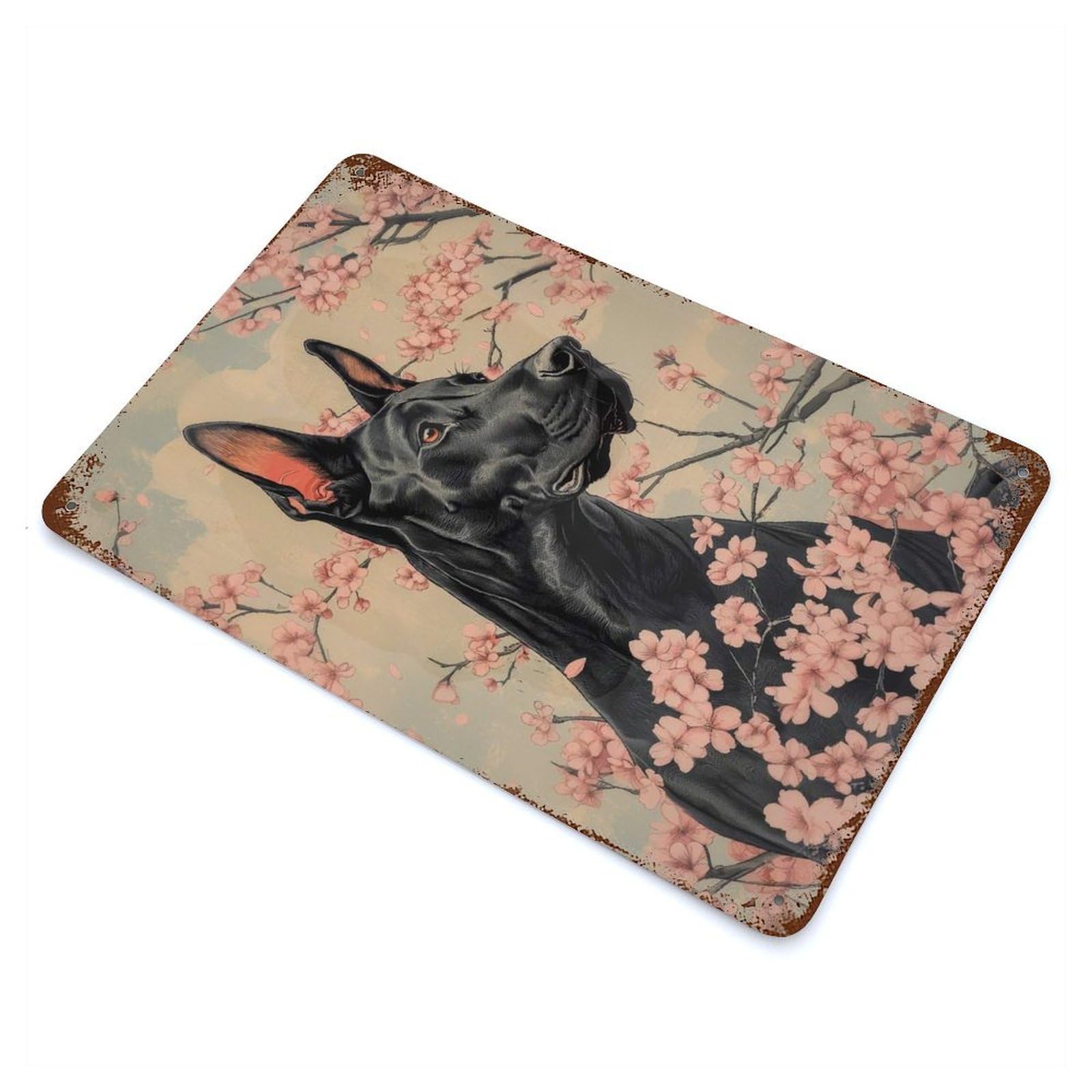 Rust Effect Doberman with Cherry Blossoms Blossom Dog Poster Vintage Rust Metal Sign 11.8"x7.9", Farmhouse Wall Decor for Farmhouse, Kitchen And Entryway Decor