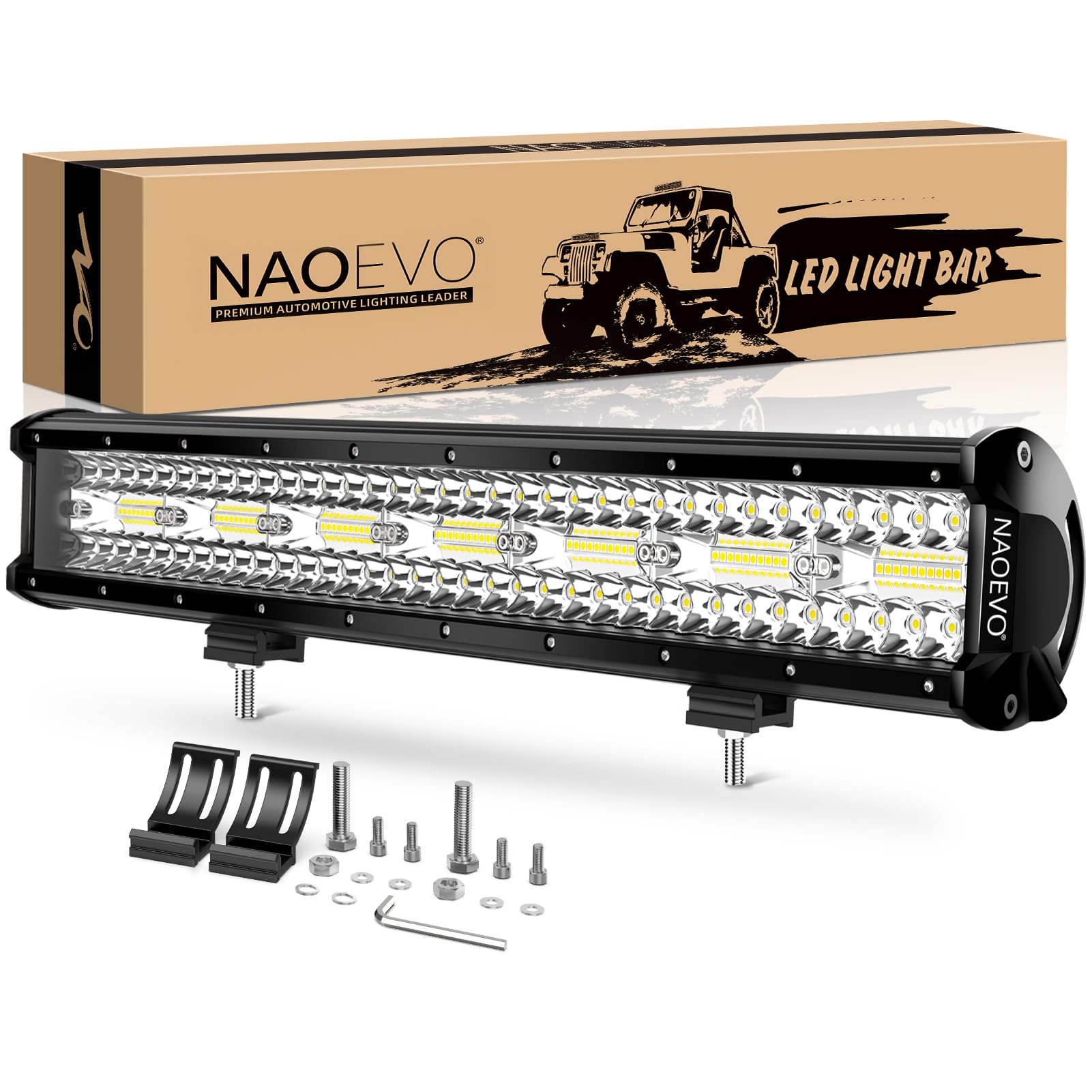 NAOEVO 20 Inch LED Light Bar, LED Fog/Offroad/Driving Lights LED Bars, 42000LM Spot Flood Combo LED Work Lights for Truck Car ATV UTV Boat Jeep Golf Cart, 1 Pc (White)