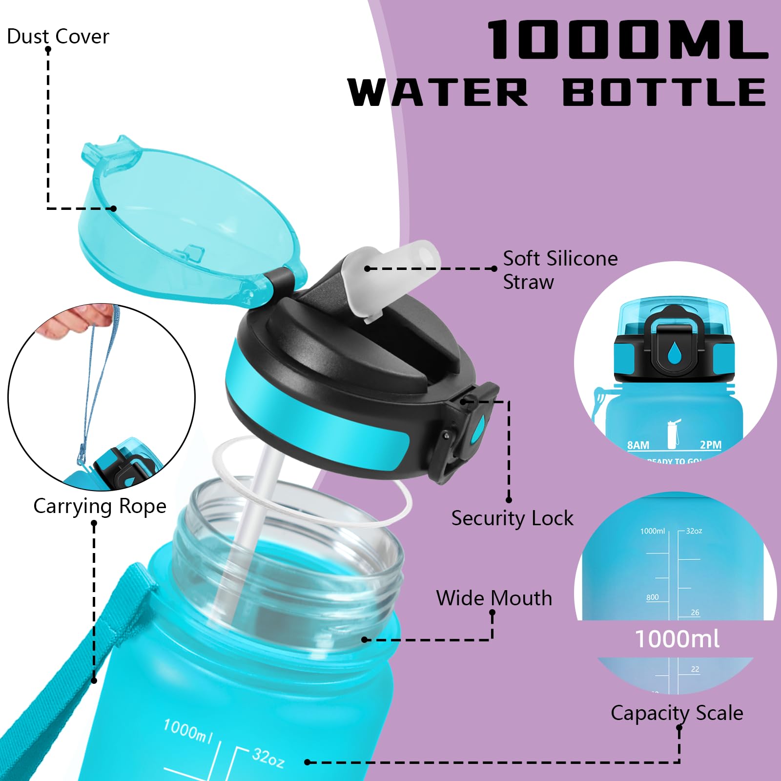 Grsta Borraccia 1 litro, Borraccia con Cannuccia, Senza Perdite, Borraccie Motivazionale, Facile da Pulire, Borracce con Orari per Bere, Bottiglie Acqua per Fitness, Campeggio, Yoga