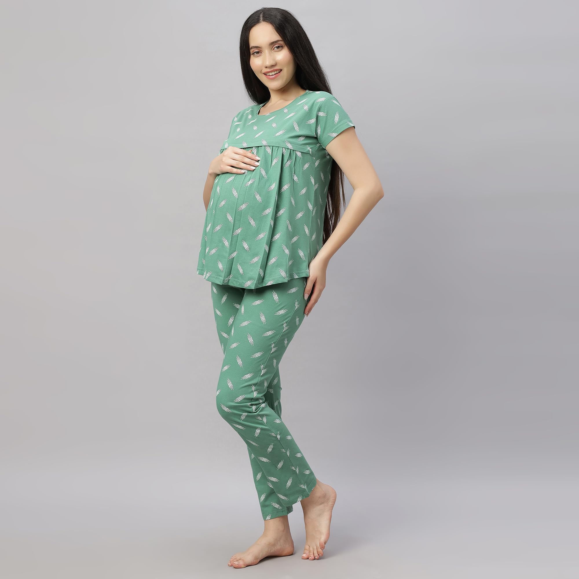 DZZO New Women's Cotton Printed Maternity Night Suit | Comfortable Feeding Night Dress | Soft & Breathable Nursing Pajama Set | Color - Green, Size - 2XL - Image 2 thumbnail
