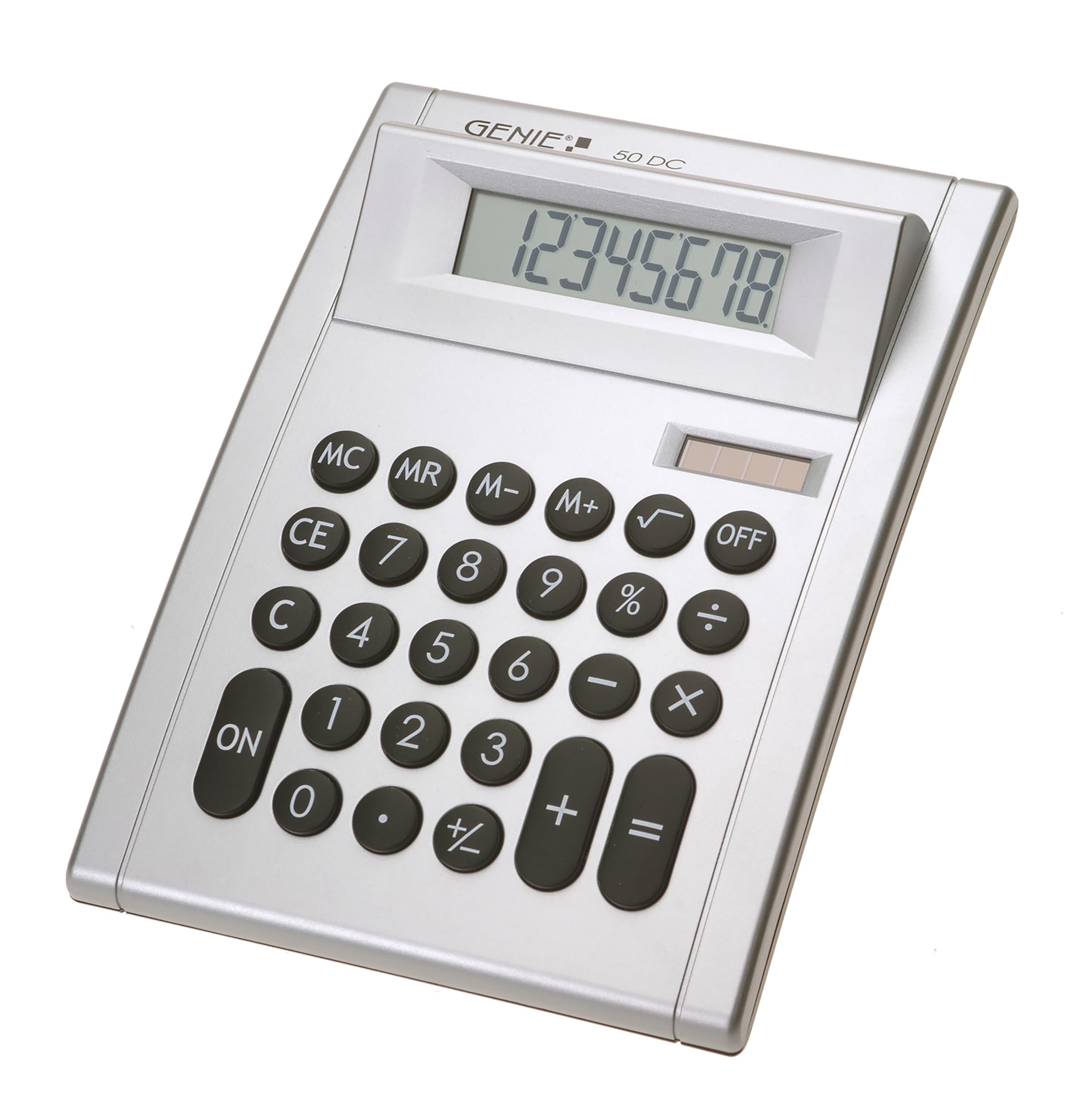 Genie 50 DC 8-Digit Desktop Calculator (Dual Power (Solar and Battery); Compact Design) Silver