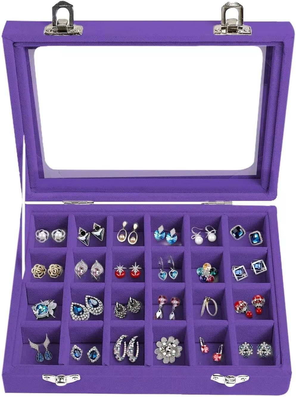 Portagioie In Velluto Con 24 Scomparti E Coperchio Trasparente - Organizer Per Anelli E Orecchini, Regalo Donna (Viola) - 2