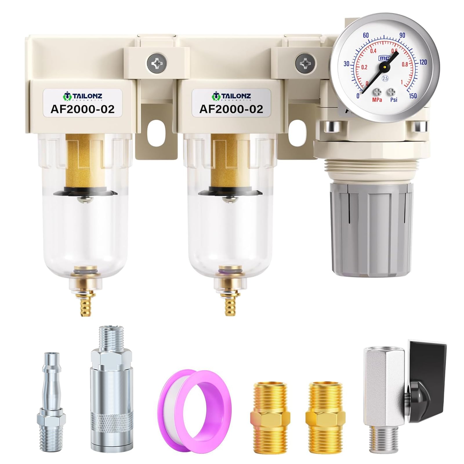 TAILONZ PNEUMATIC 1/4 di pollice BSP 3 in 1 filtro aria regolatore di pressione Combo Piggyback, filtro compressore utensile aria con manometro AF2000+AF2000+AR2000 (britannico)