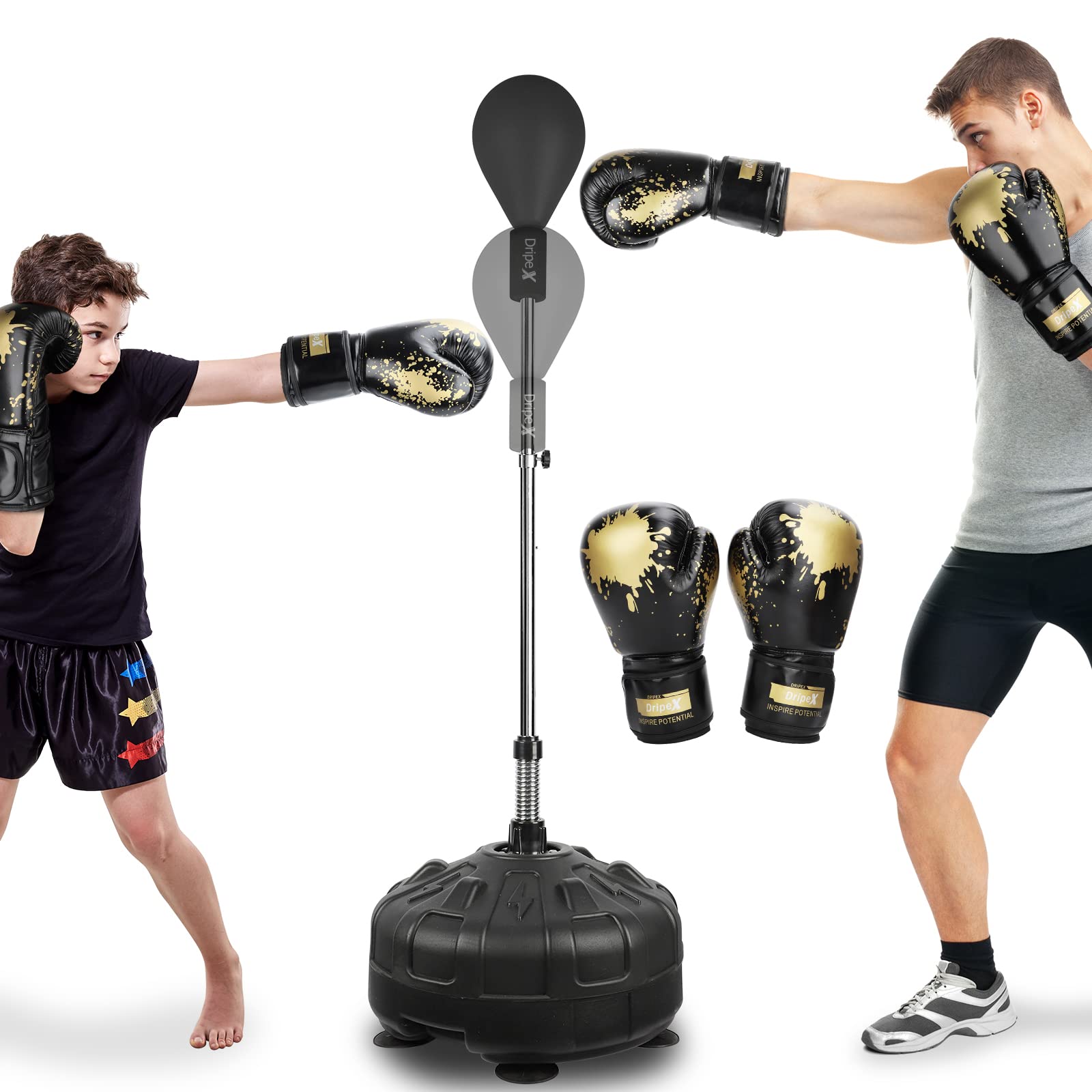 Dripex Punching Ball sur Pied Sac de Frappe Boxe Adolescent avec 6 Ventouses Hauteur Réglable 135 à 155 cm