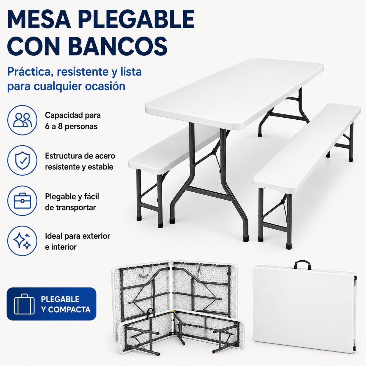 Set Mesa Plegable con 2 Bancos 180 cm, Conjunto de Jardín y Camping para 6-8 Personas, Mesa Maleta Portátil con Estructura de Acero y Superficie HDPE