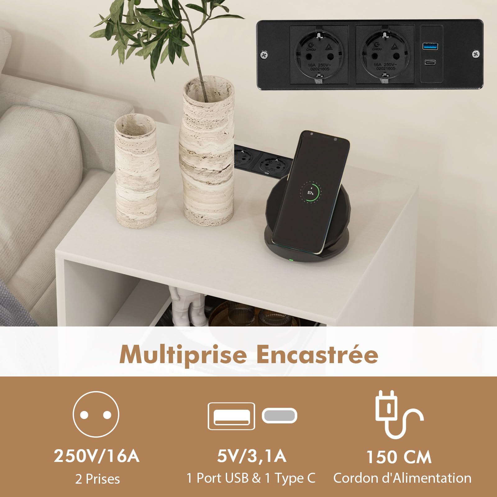 COSTWAY Meuble Tourne-Disque Vinyle avec Prise,Table d’Appoint avec Station de Charge,2 Prises,1 USB,1 Type-C,Pieds en Métal,Bout de Canapé,Support Tourne-Disque pour Salon Chambre (Blanc)