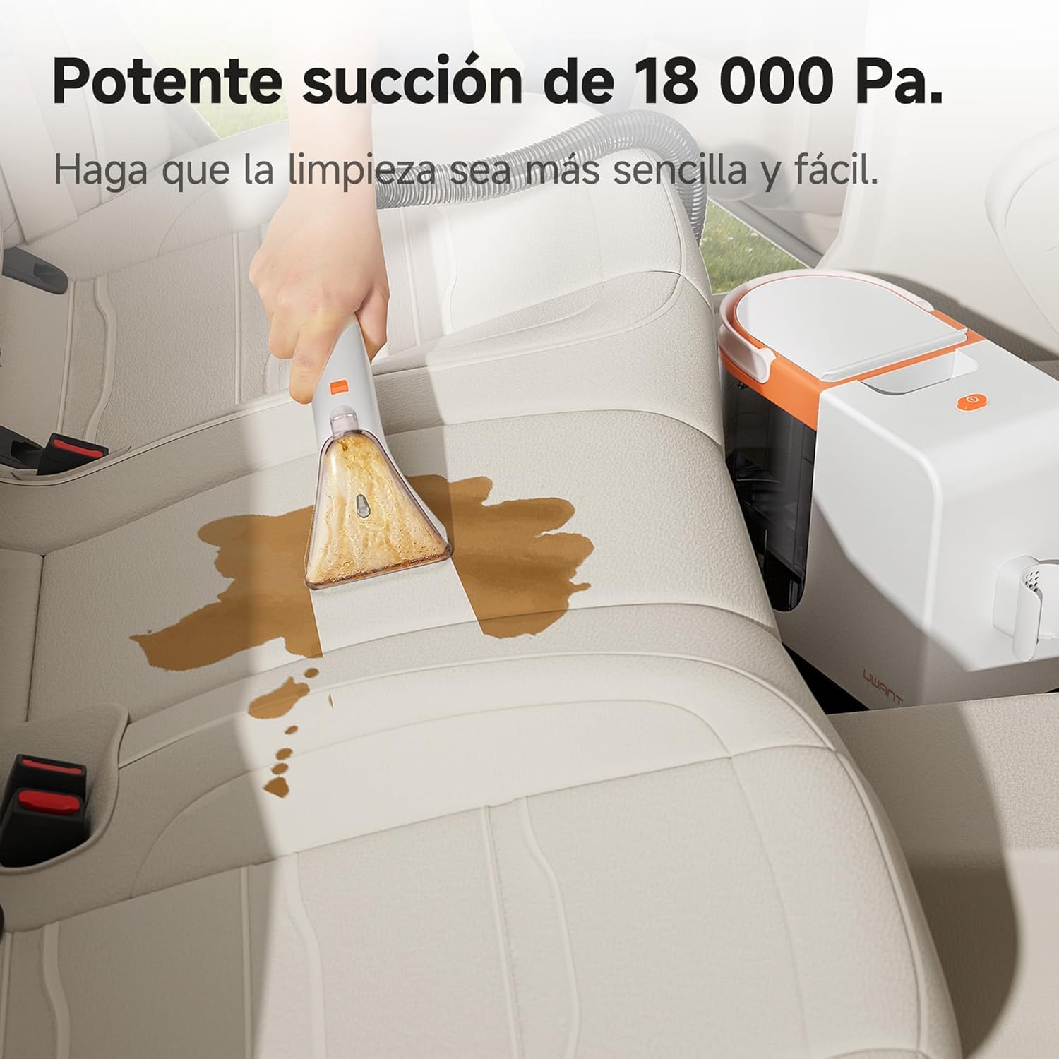 Vista detallada del limpiador de tapicerías Uwant en acción, mostrando su diseño compacto y accesorios.