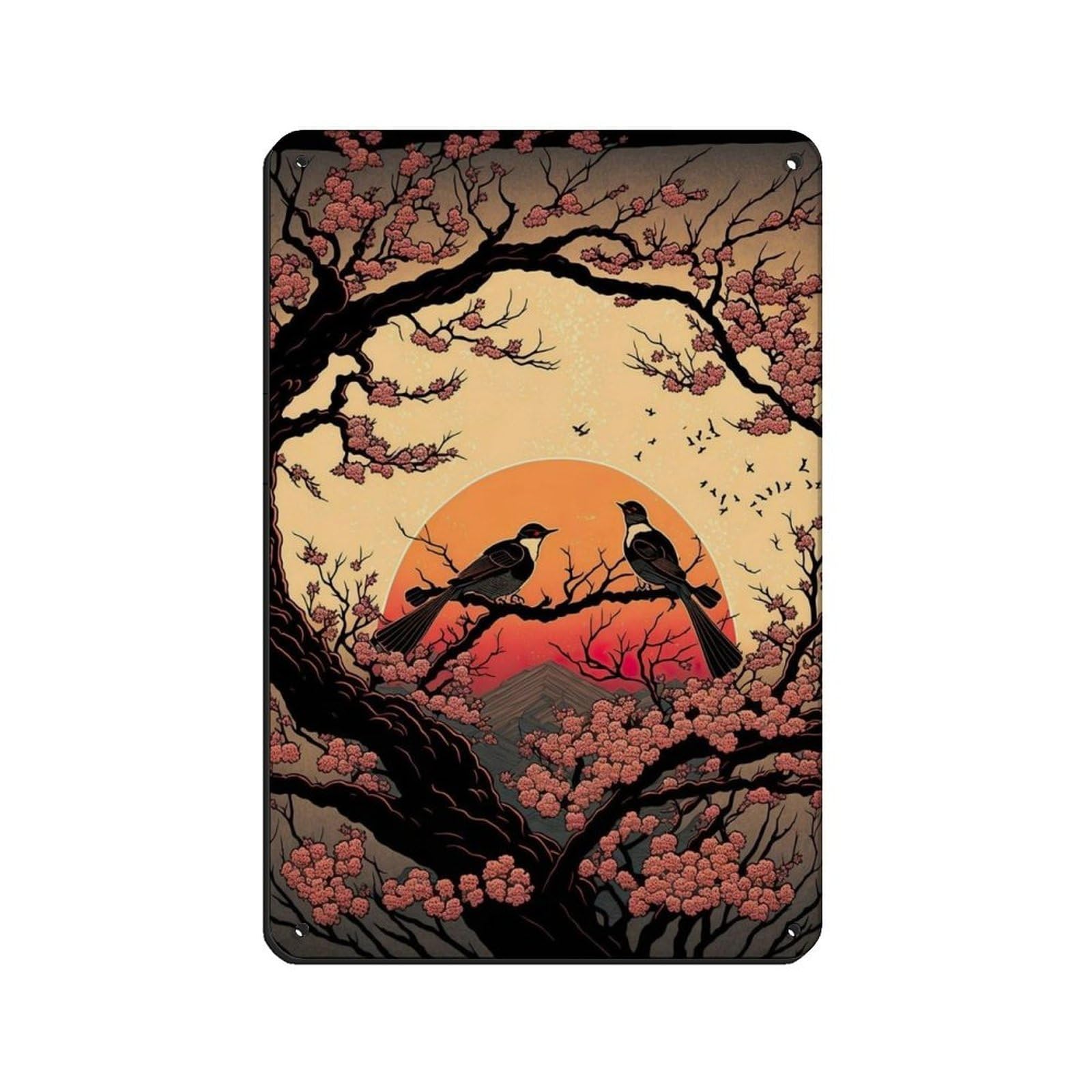 Lxwnze 20L X 30W Cm 2 Birds On A Tree Branch In Sunset, Tin Sign Vintage Metal Pub Club Cafe Bar Home Wall Art Decoration Poster Retro 8X12inch(20X30cm)