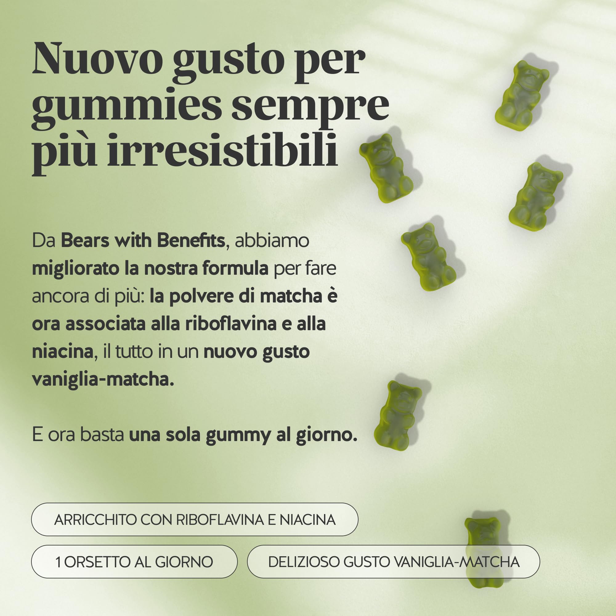 My Metabolic Matcha Vitamin Caramelle Gommose - Integratore Energizzante Naturale - Con Matcha, Vitamina B12, B2, Zinco, Niacina - 30 Pezzi (1 Mese) - Senza Zucchero, Vegano - Bears with Benefits