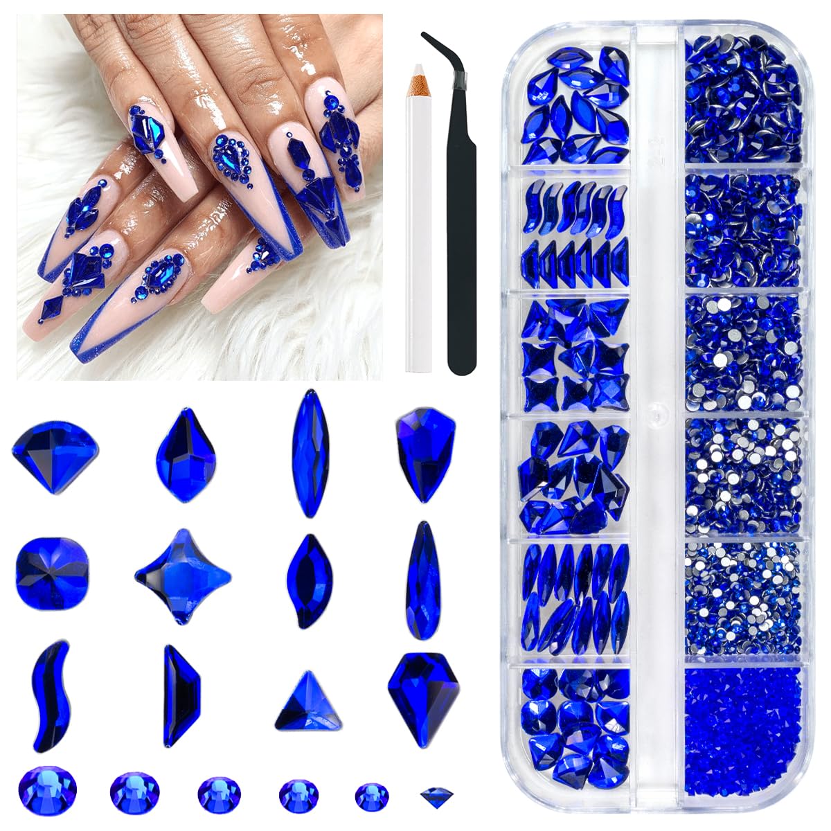 qiipii 2052Pcs Blue Nail Rhinestones Multi Shapes Sapphire Rhinestones for Nails Flatback Nail Gems K9 Glass Royal Blue Round Beads Stones Diamonds