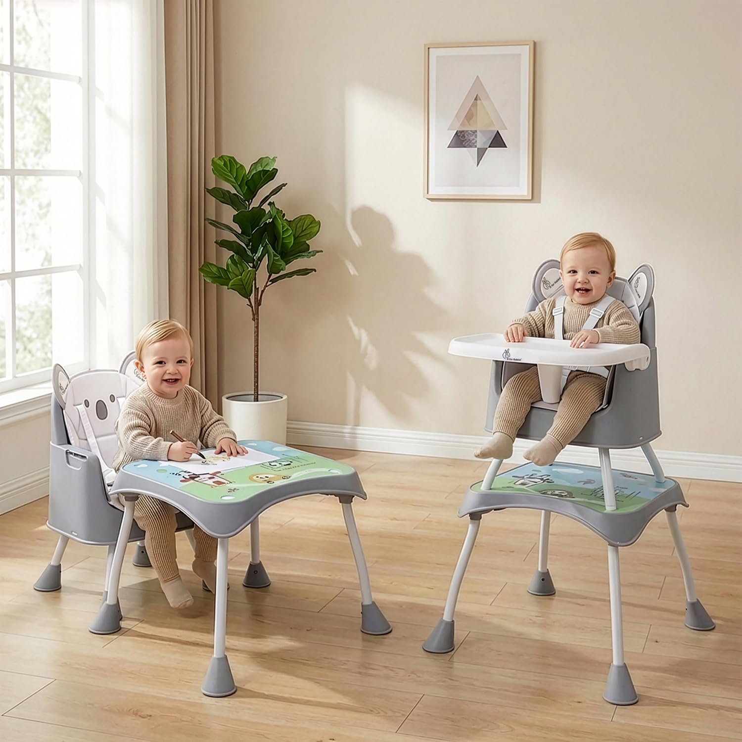 R for Rabbit Cherry Berry Grand Baby High Chair, 4 in 1 Convertible High Chair Cum Booster Seat, Baby Feeding Chair, Toddlers from 6 Months-7 Years, Study Table & Booster Chair (Teddy Grey)