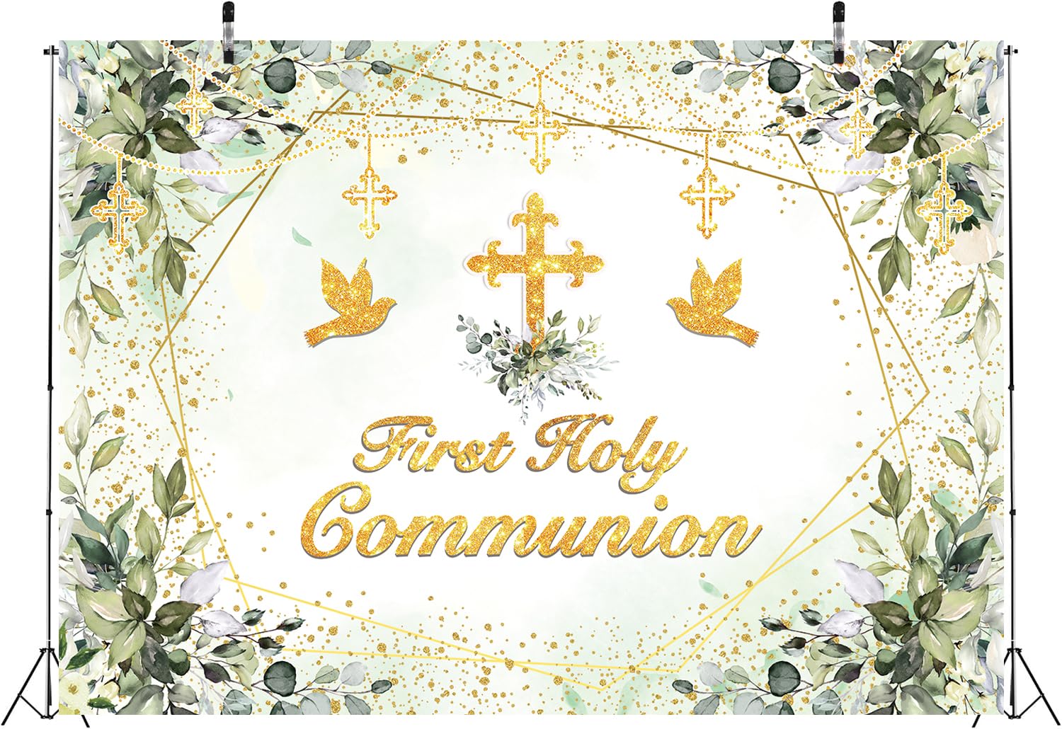 Fond de première communion, fond vert pour le baptême, bénédiction divine, croix dorée, feuilles vertes, fête de bébé neutre, décoration, fond (240 x 180 cm)