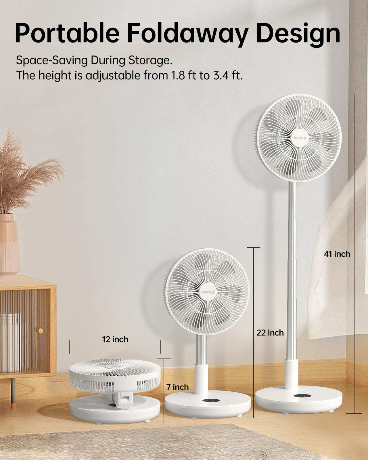 Ventilador oscilante portátil silencioso con control remoto, ventiladores de pedestal recargables de 12 pulgadas para dormitorio y oficina, ventiladores de viaje plegables a batería, altura 2