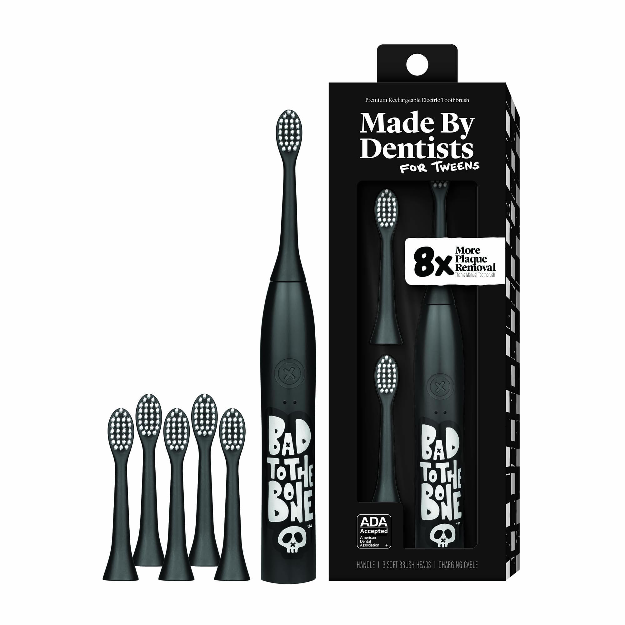 Made by Dentists Sonic X Electric Toothbrush – Rechargeable Kids Sonic Toothbrush, 8X Plaque Removal, 2 Speed Modes, 2-Minute Timer 6 Brush Heads Included, Tweens Ages 7+, Bad to The Bone Edition