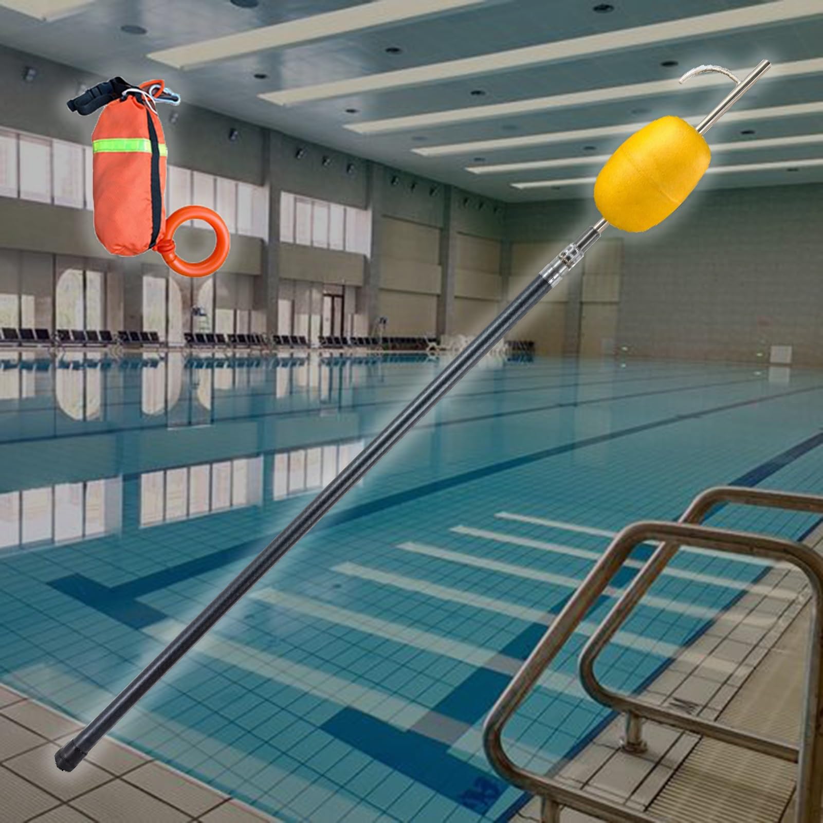 WOTZOV Safety Hook Pool Pole With Non-Slip Grip | Professional Rescue Hook For Yachts & Oceanariums | Beach Safety Pole & Rope Bag For Water Parks Rescue，1.22 (4ft) 6m (19.6ft)