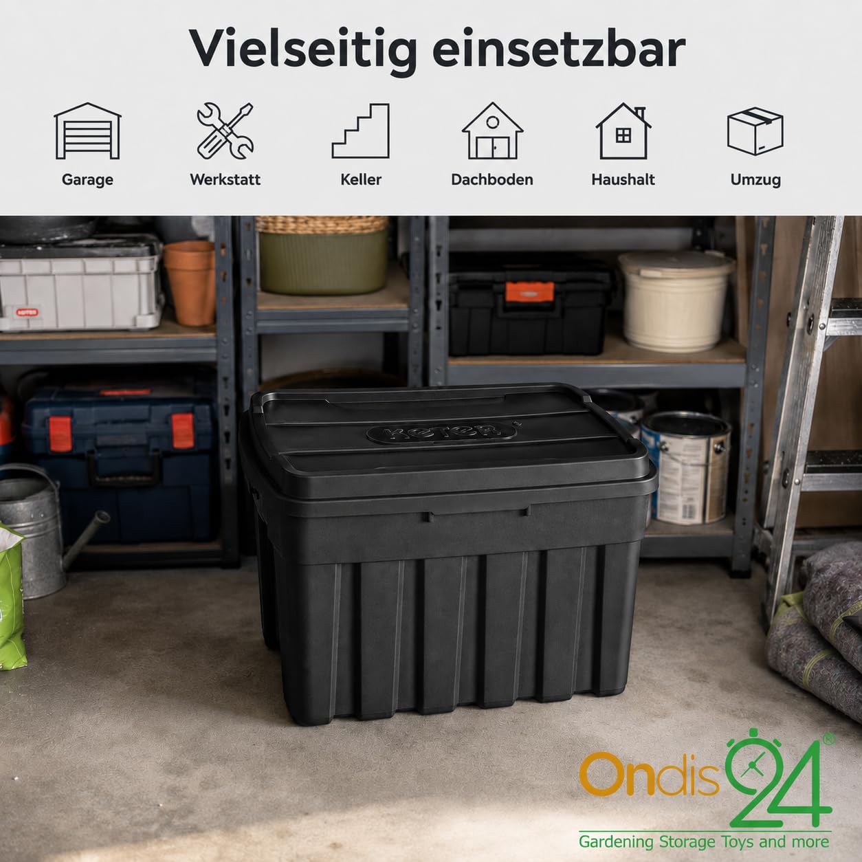Ondis24 Scatola portaoggetti con coperchio, 140 l, 77 x 42 x 66 cm, impilabile con coperchio, stabile, impilabile, in plastica, per proprietari di case, genitori, appassionati di fai da te, forniture
