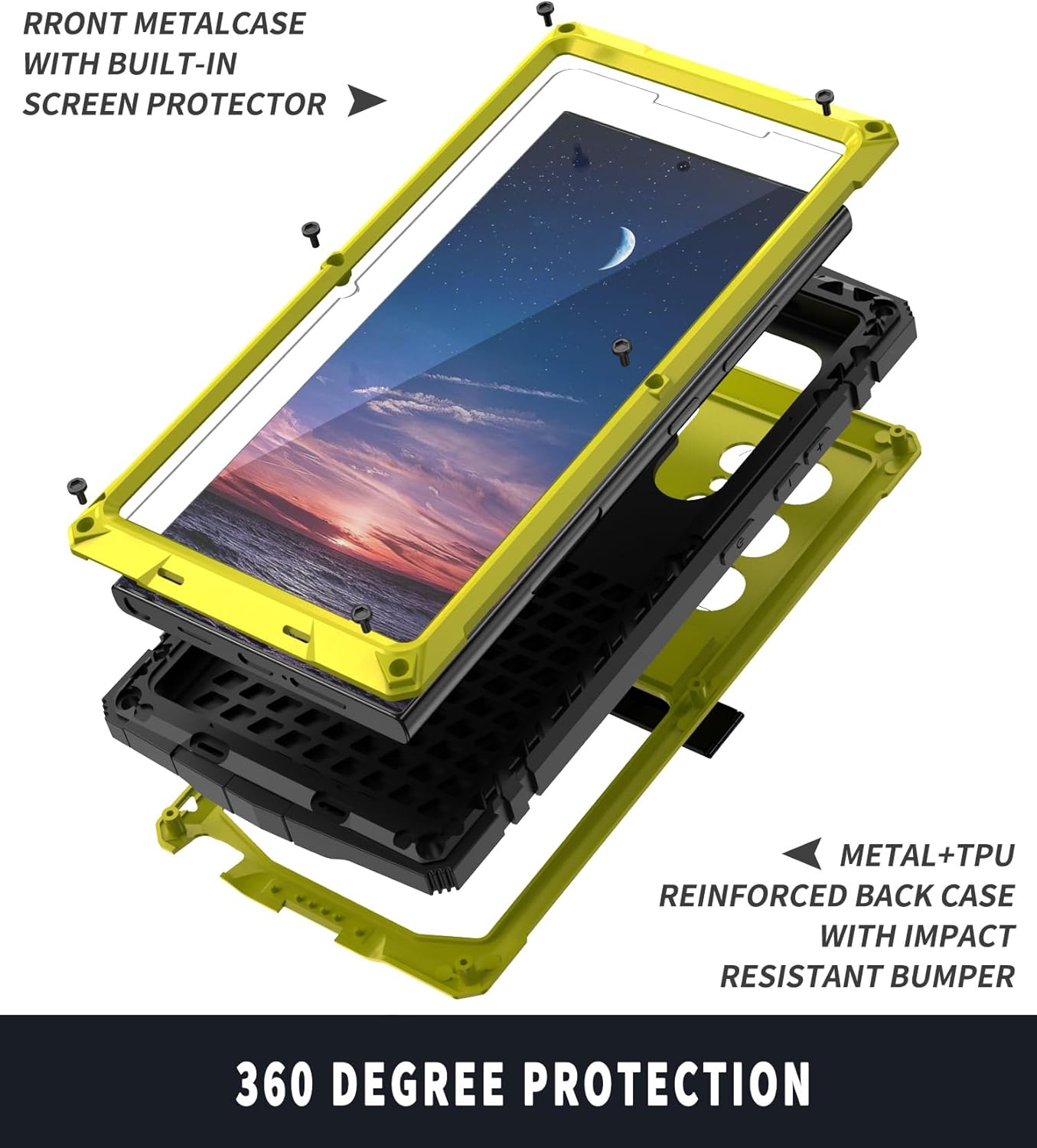 Compatible with Samsung Galaxy S25 Ultra Metal Bumper Case with Stand Screen Protector Camera Cover Hybrid Durable Metallic Military Dust Proof Heavy Duty Full Body Man (Yellow) - Image 3