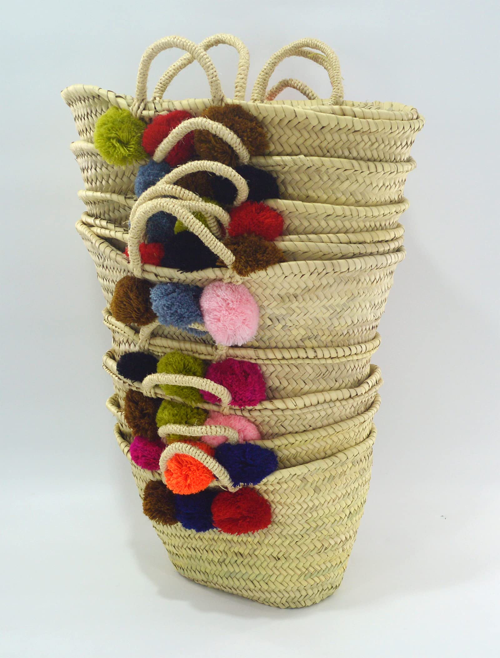Medium assorted mix of double sided 6 Pom Pom Moroccan Market Shopping Basket - Natural rope Handles W40 D16 H26