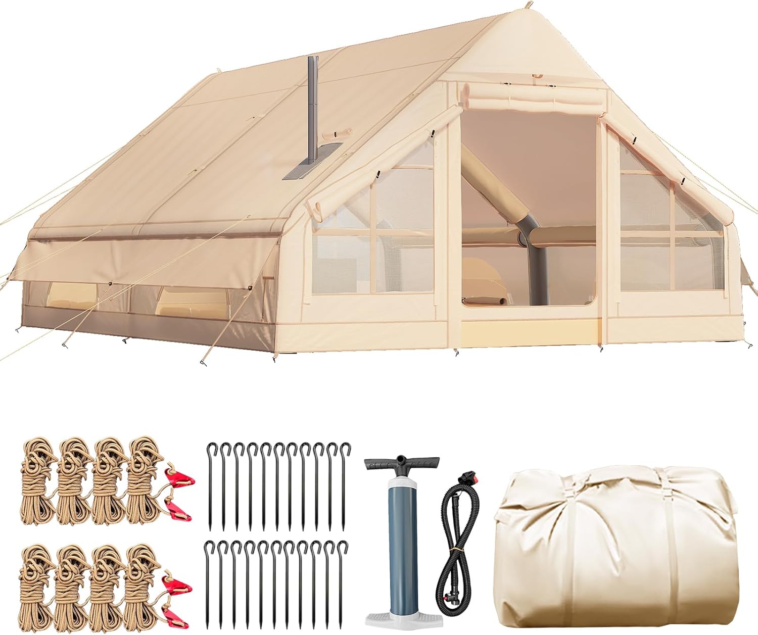 YOLENY 10x13 Inflatable Tents for Camping, 6-8 Person Blow Up Tent with TPU Skylight, Mesh Windows, Stove Jack & Pump, 4 Season Large Inflatable Tent, Waterproof & Windproof