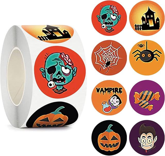 500 Pcs Halloween Stickers Roll, 1 Roll Cartoon Halloween Sealing Stickers Round Sticker Self-Adhesive Label Stickers with 8 Halloween Patterns for Halloween Party Cards Envelop Candy Bags Decor