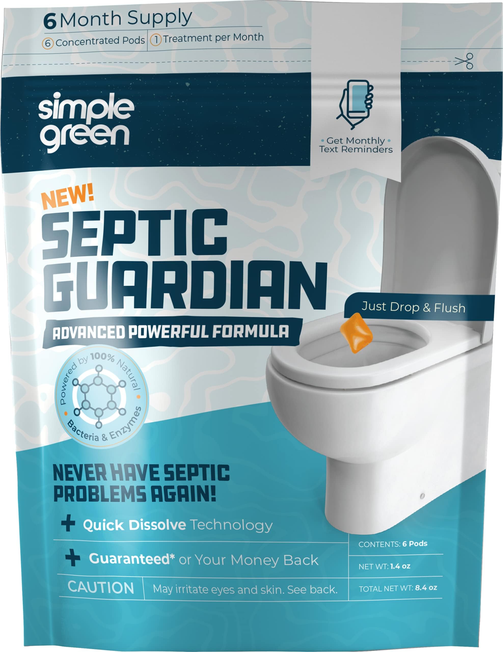 Septic Guardian Monthly Septic Tank Treatment Pods – 6 Month Supply of Dissolvable Easy Flush Live Bacteria Pods (6 Count)