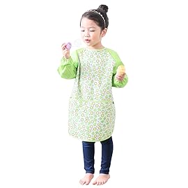Plie Kids Painting Apron - Waterproof Long Sleeve Art Smock for Toddlers & Preschoolers, Messy Play, Baking, Crafts, Cooking, Sensory Activities (Ages 1-10), Green Orange (08-XXL)