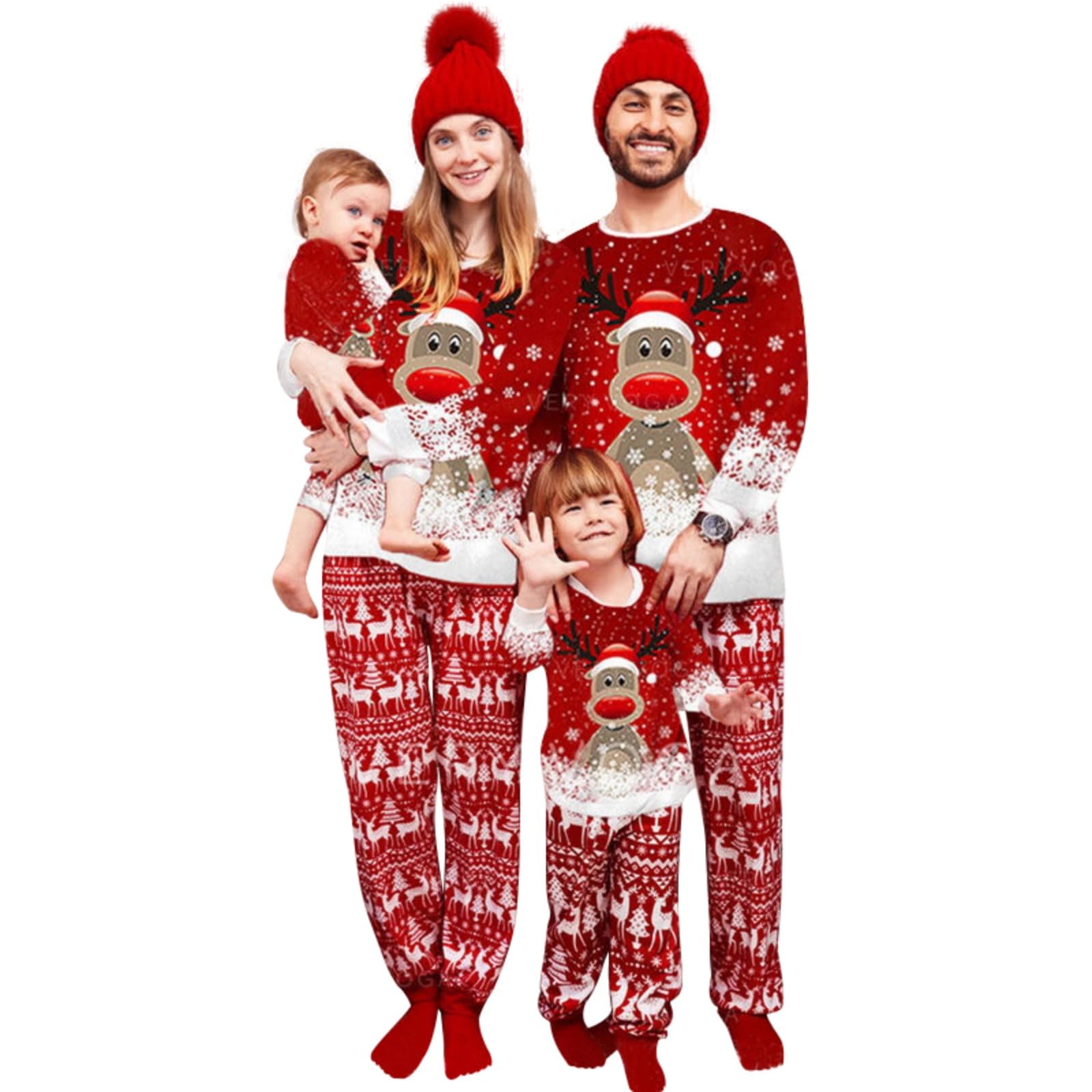 Pijamas Navidad Familia, Conjunto de Pijamas Familiares Navideños, Ropa de Dormir Larga, Mangas de Dormir, Bonito Estampado de Alce, Adecuado para Mujeres, Hombres, Niños y Bebés, Rojo