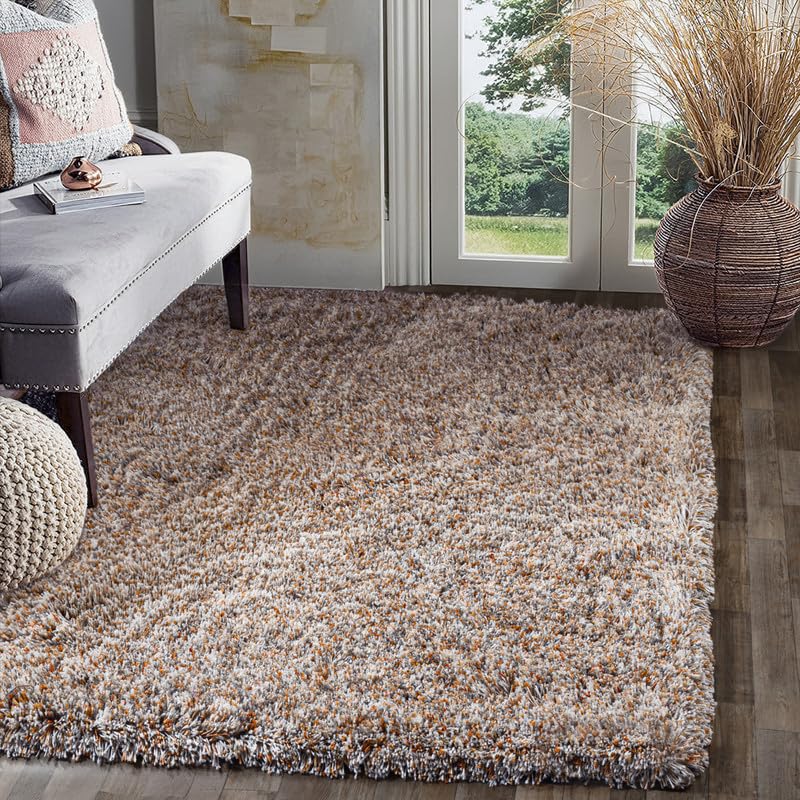 Image of FIASCO Round Shaggy Carpet Plain Fur Rugs Home and Office Sqaure Microfiber 2 Inch Pile Height Back in Canvas Modern Interior Mats 5X5 Feet Orange Ivory Mix
