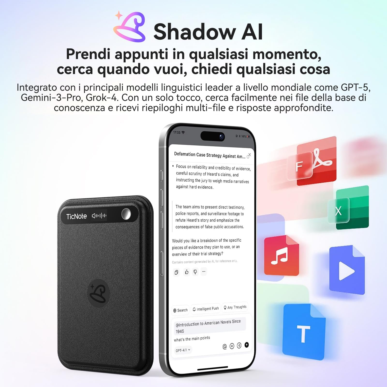 Mobvoi TicNote Lite Registratori vocali digitali AI 4 GB, Custodia Magnetica Integrata, Controllo App, Oltre 120 Lingue, Trascrizione e Riepilogo AI Shadow, Registratore Audio Digitale per Telefonate
