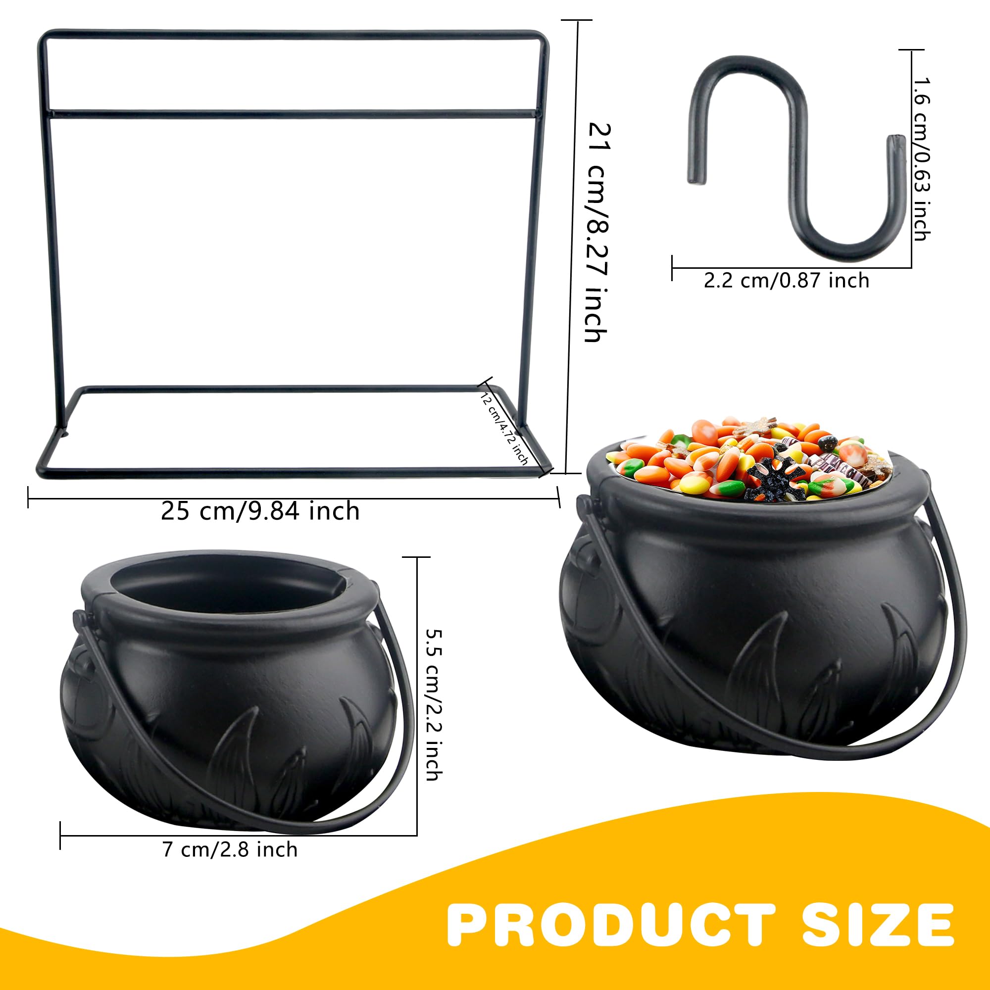 6 Pack Small Halloween Witch Cauldron Candy Bowl Plastic Black Cauldron Serving Bowls with Halloween Cauldron On Rack and 6 Pack Hook for Halloween Party Decoration
