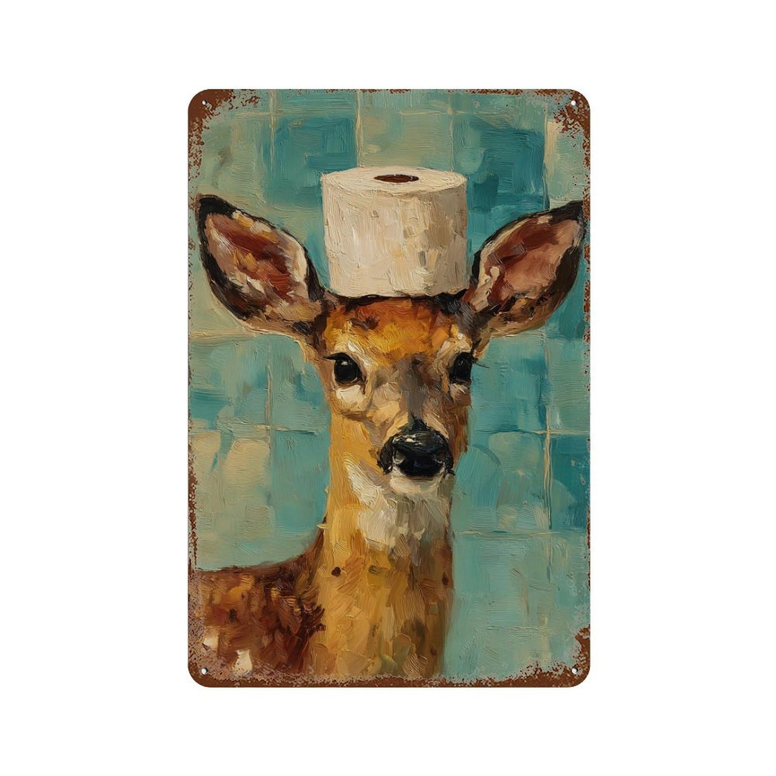 Rustic Tin Plaque Deer with Toilet Paper Hat 11.8"x7.9", Vintage Wall Decor for Pub, Kitchen And Man Cave Decor