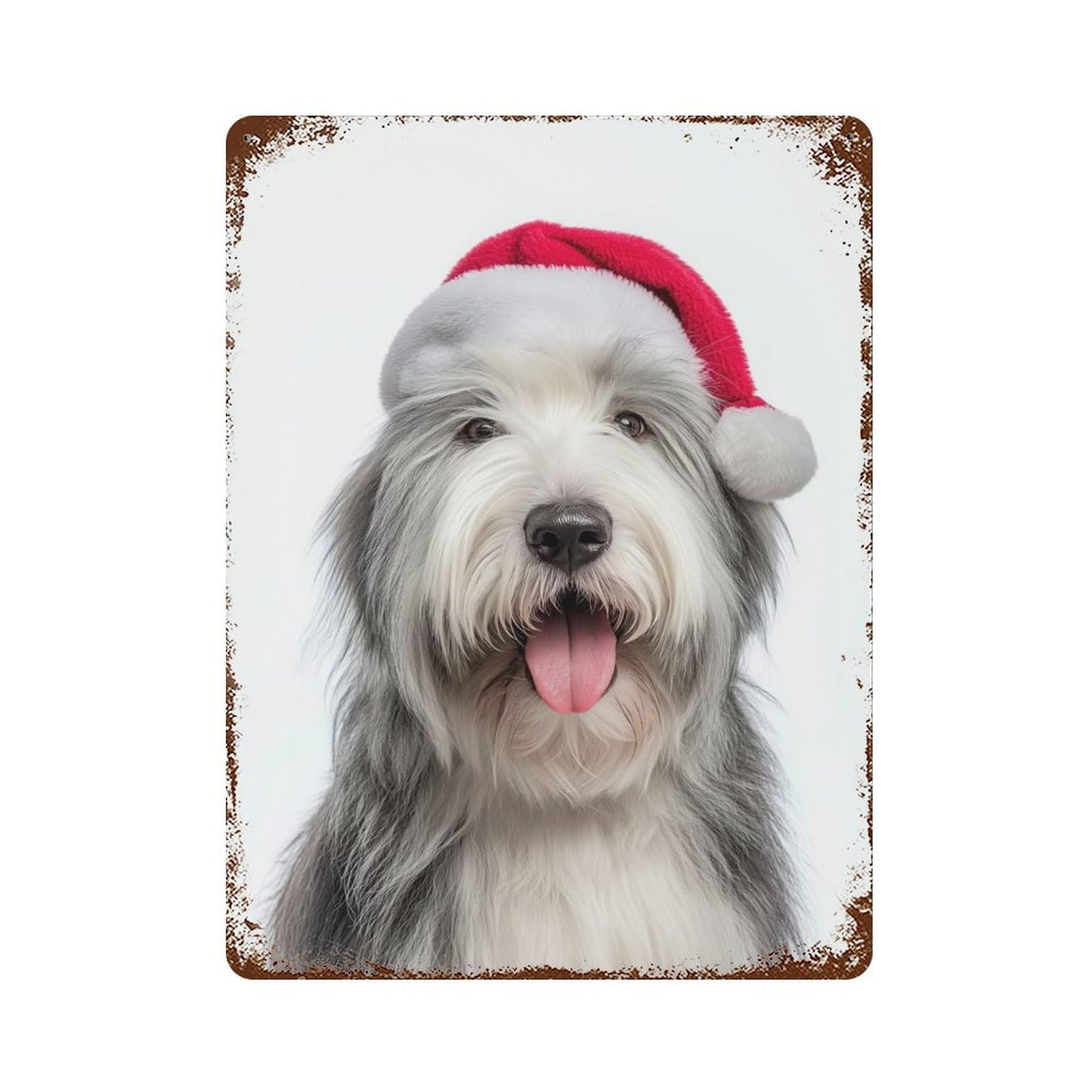 Vintage Rust Metal Sign with Old English Sheepdog with Santa Hat Design 15.7"x11.8", for Shed, Workshop And Garage Wall Decor, Classic Wall Plaque