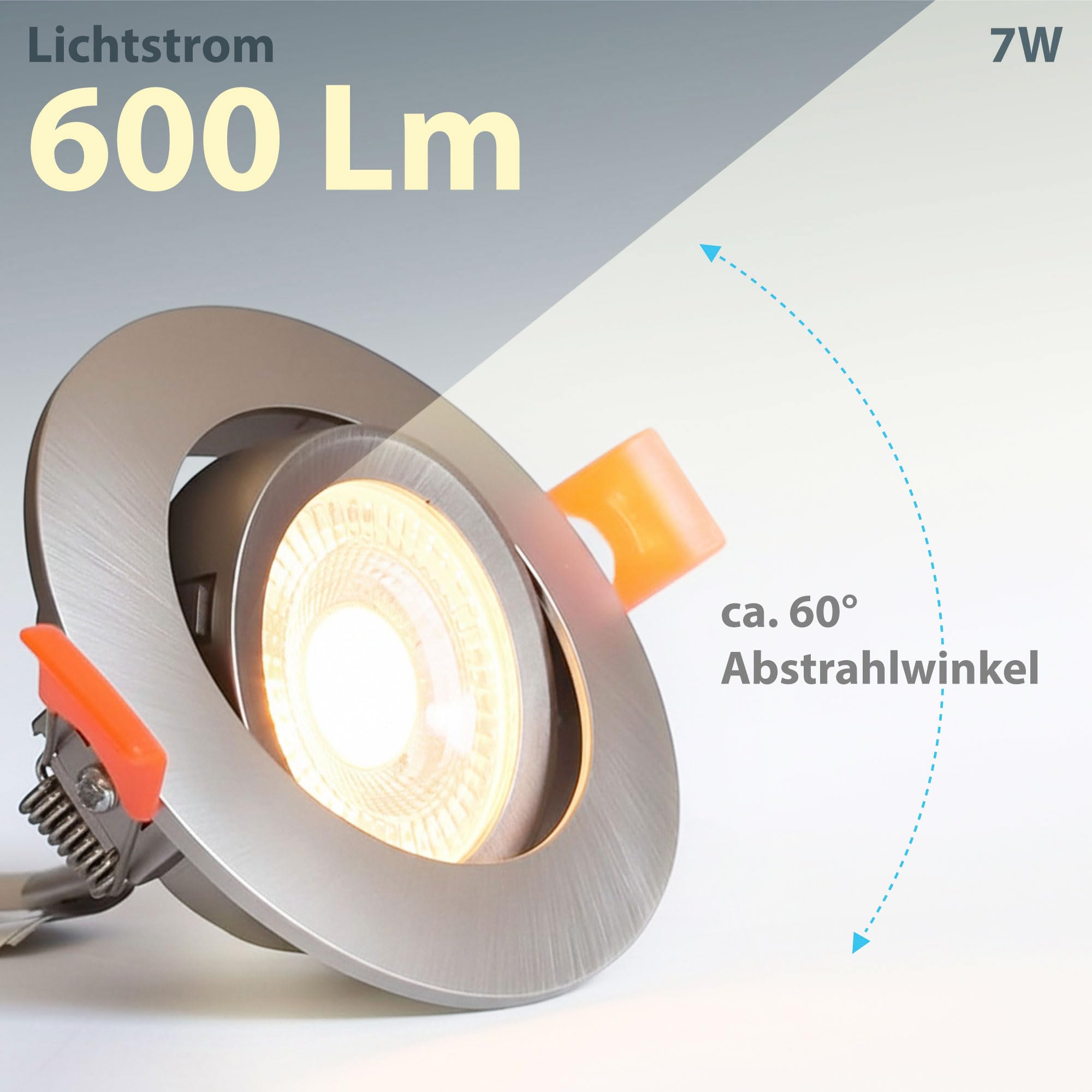 Maxkomfort 6er Set LED Einbaustrahler 230V Ultraflach, 3 Lichtfarben - 3000K/4000K/6500K, 7W Leuchtmittel austauschbar, Deckenspots IP20 silber, Einbauspots Ø85mm